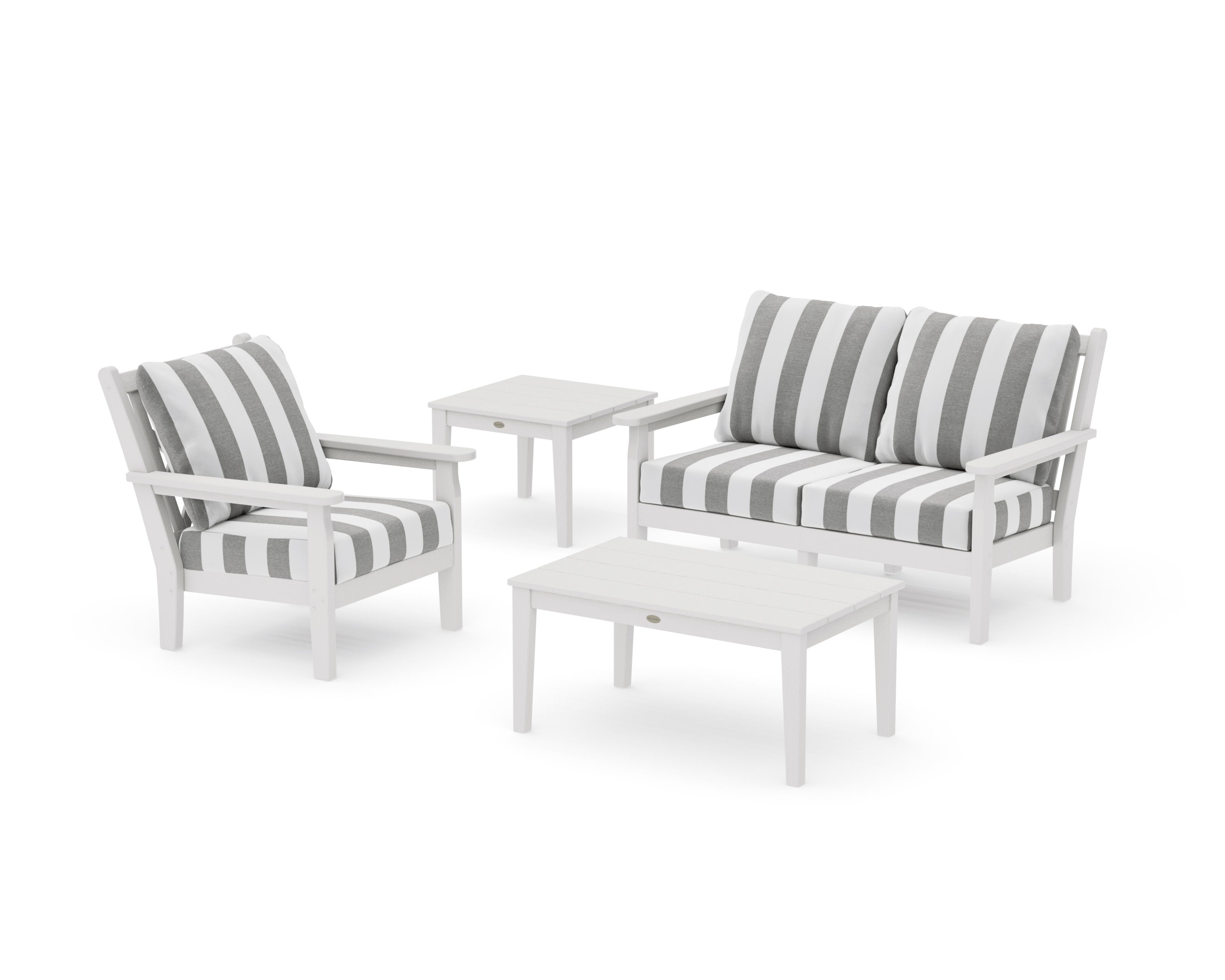 Chippendale 4-Piece Deep Seating Set in Vintage White / Cabana Stripe Grey Mist
