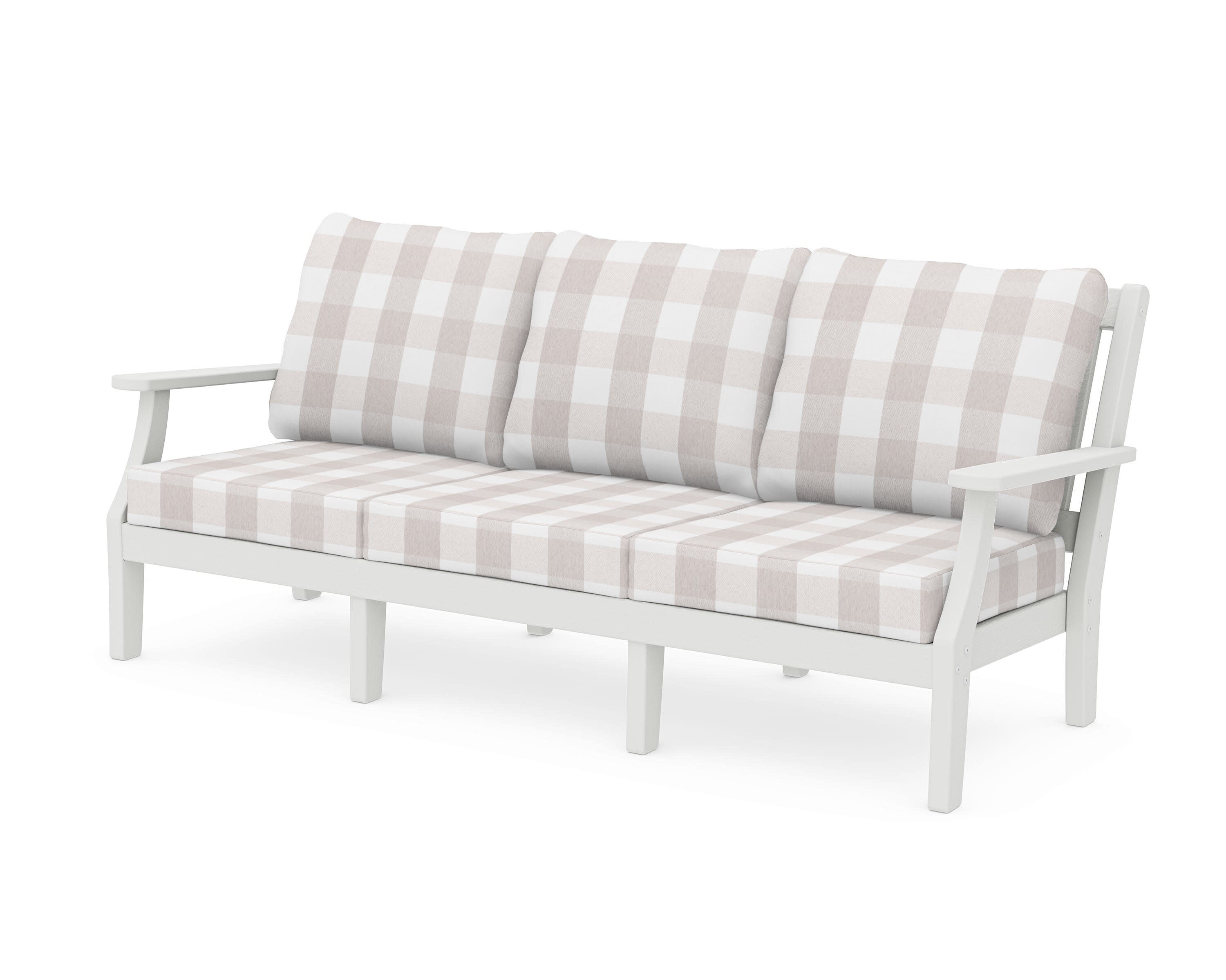 Chinoiserie Deep Seating Sofa in Vintage White / Buffalo Plaid Dune Burlap