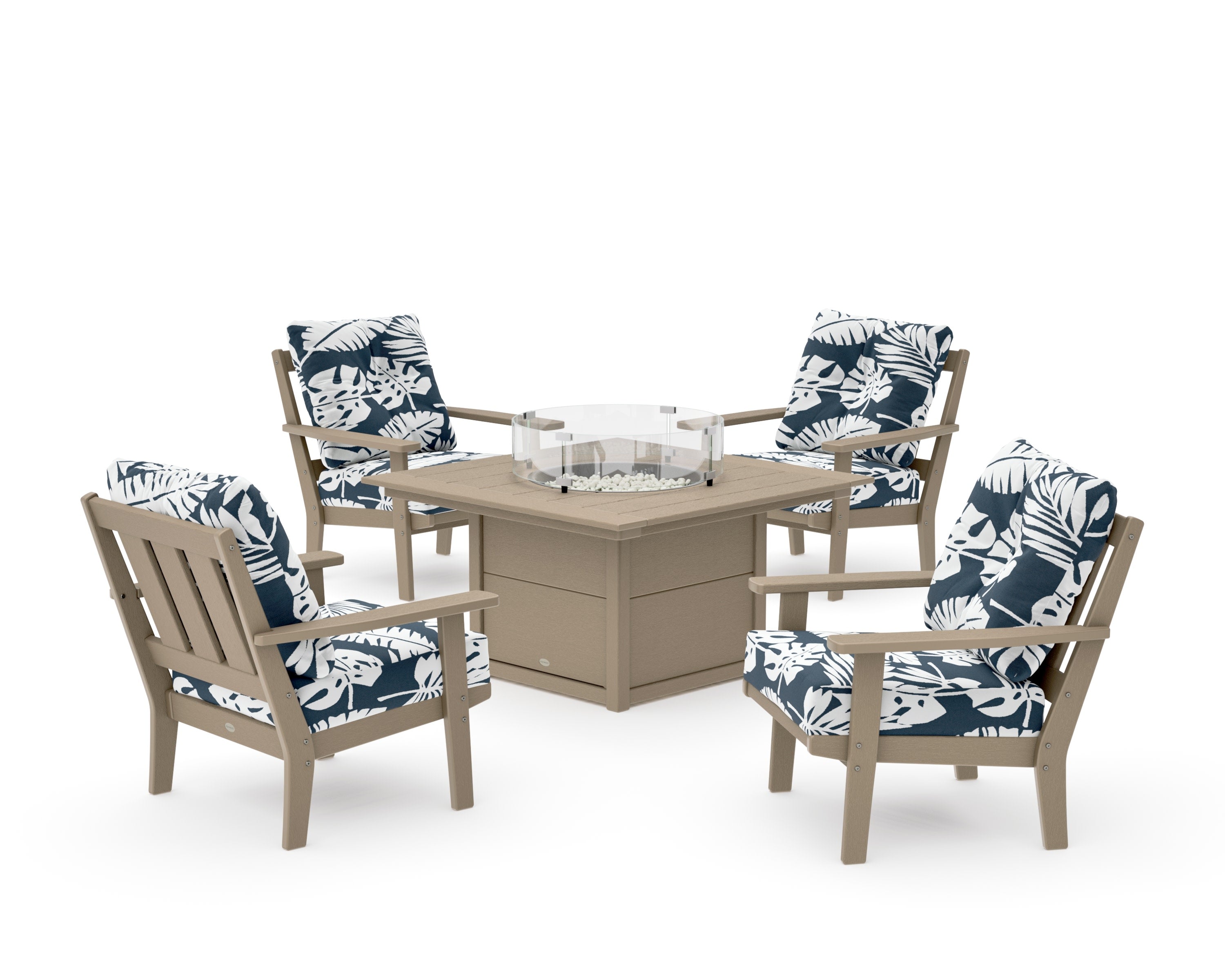 Oxford 5-Piece Deep Seating Set with Fire Pit Table in Vintage Sahara / Leaf Marine Indigo