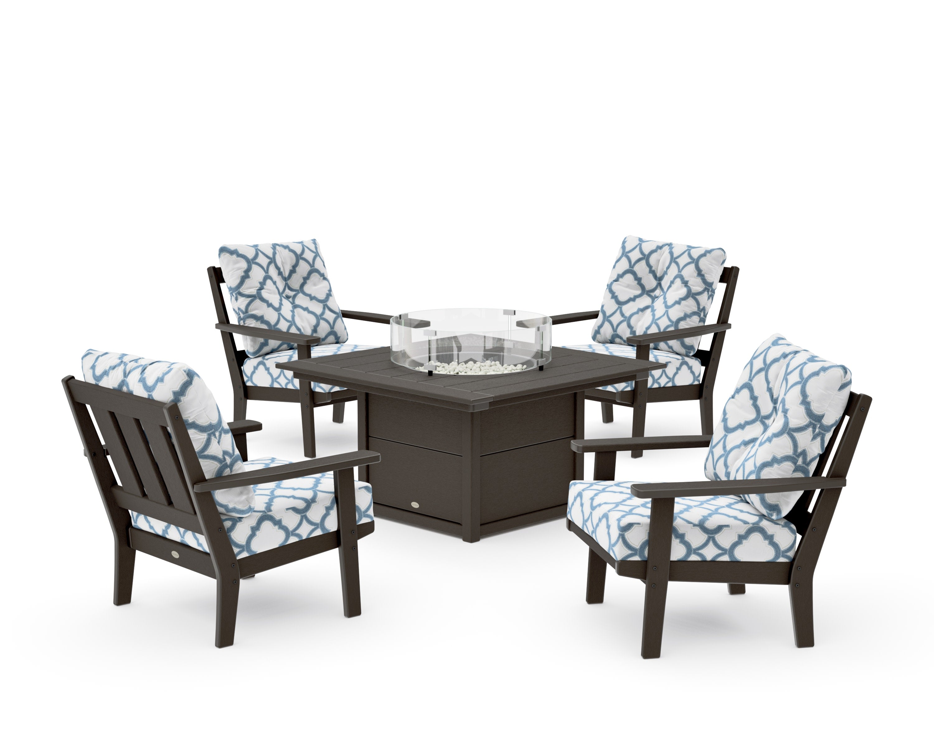 Oxford 5-Piece Deep Seating Set with Fire Pit Table in Vintage Coffee / Trellis Sky Blue