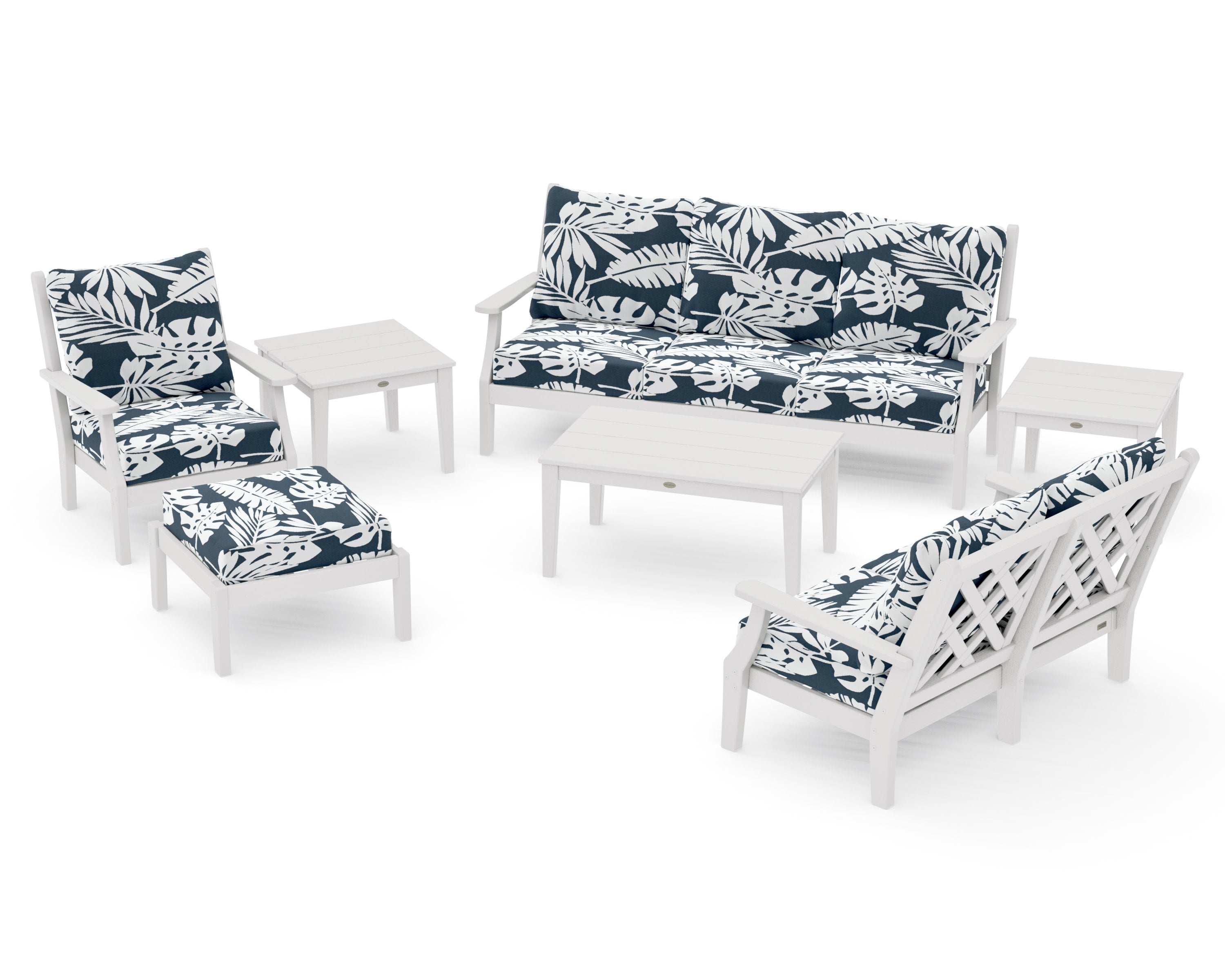 Wovendale 7-Piece Deep Seating Set in Vintage White / Leaf Marine Indigo
