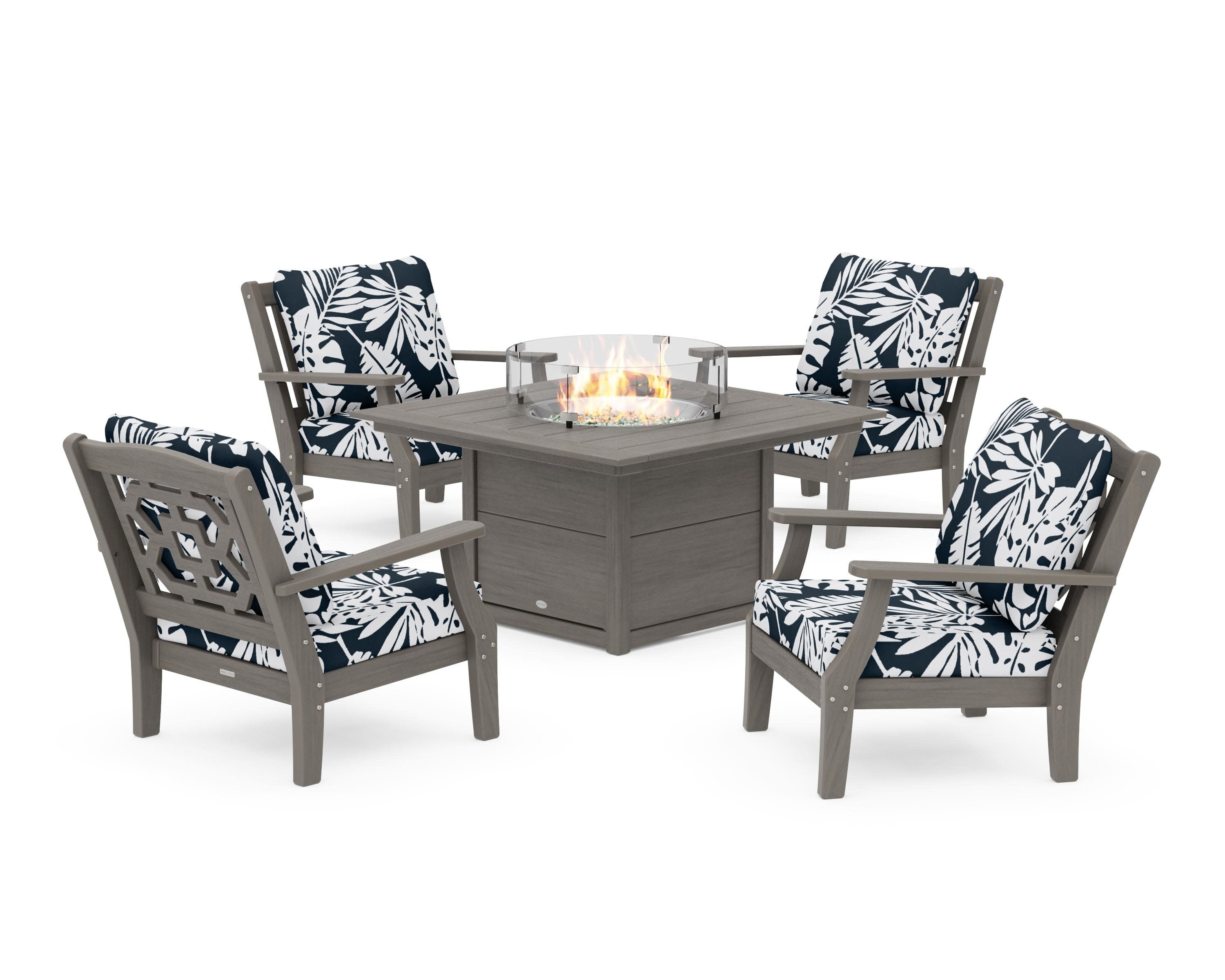 Chinoiserie 5-Piece Deep Seating Set with Fire Pit Table in Driftwood / Leaf Marine Indigo