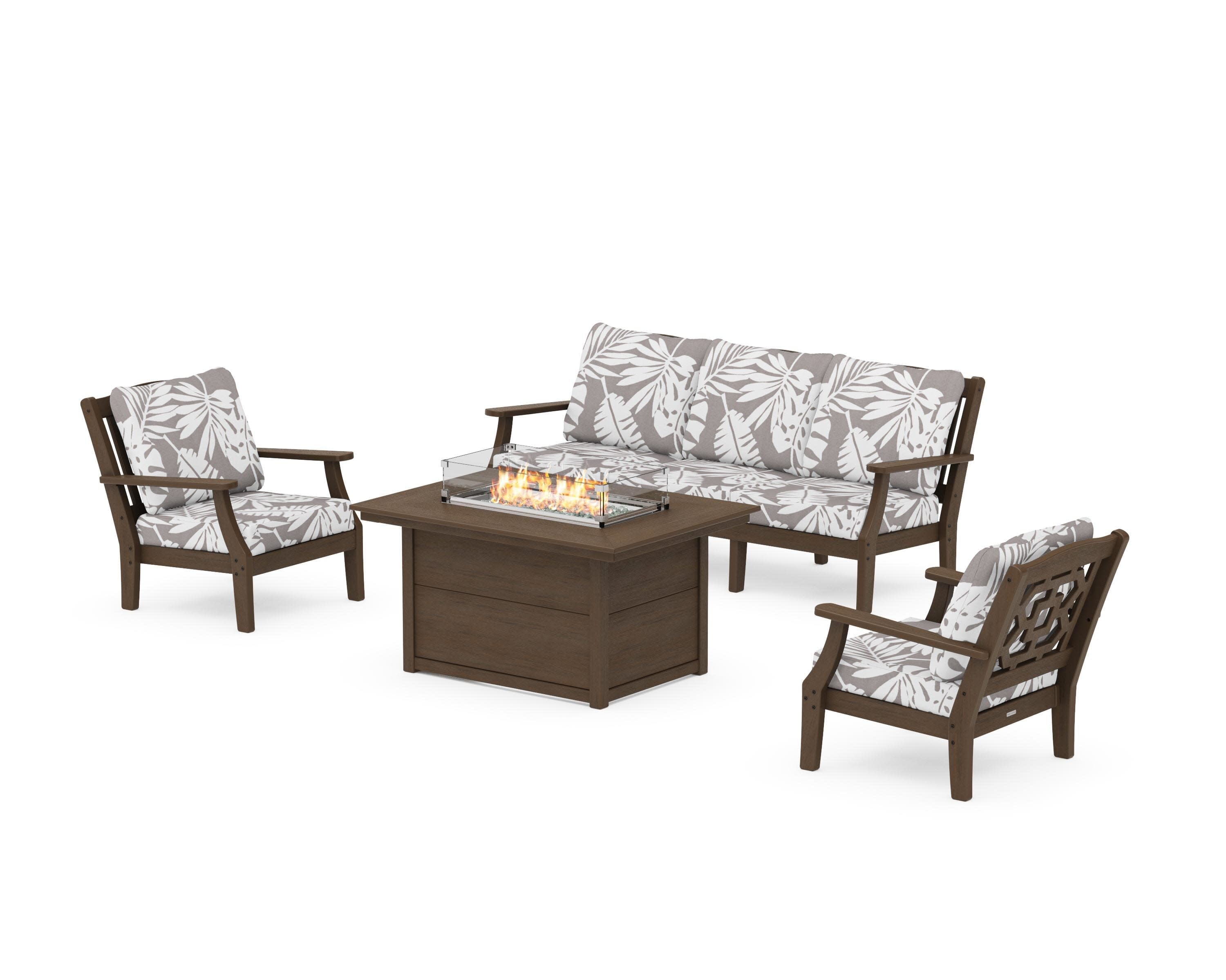 Chinoiserie Deep Seating Fire Pit Table Set in Kona / Leaf Grey Mist