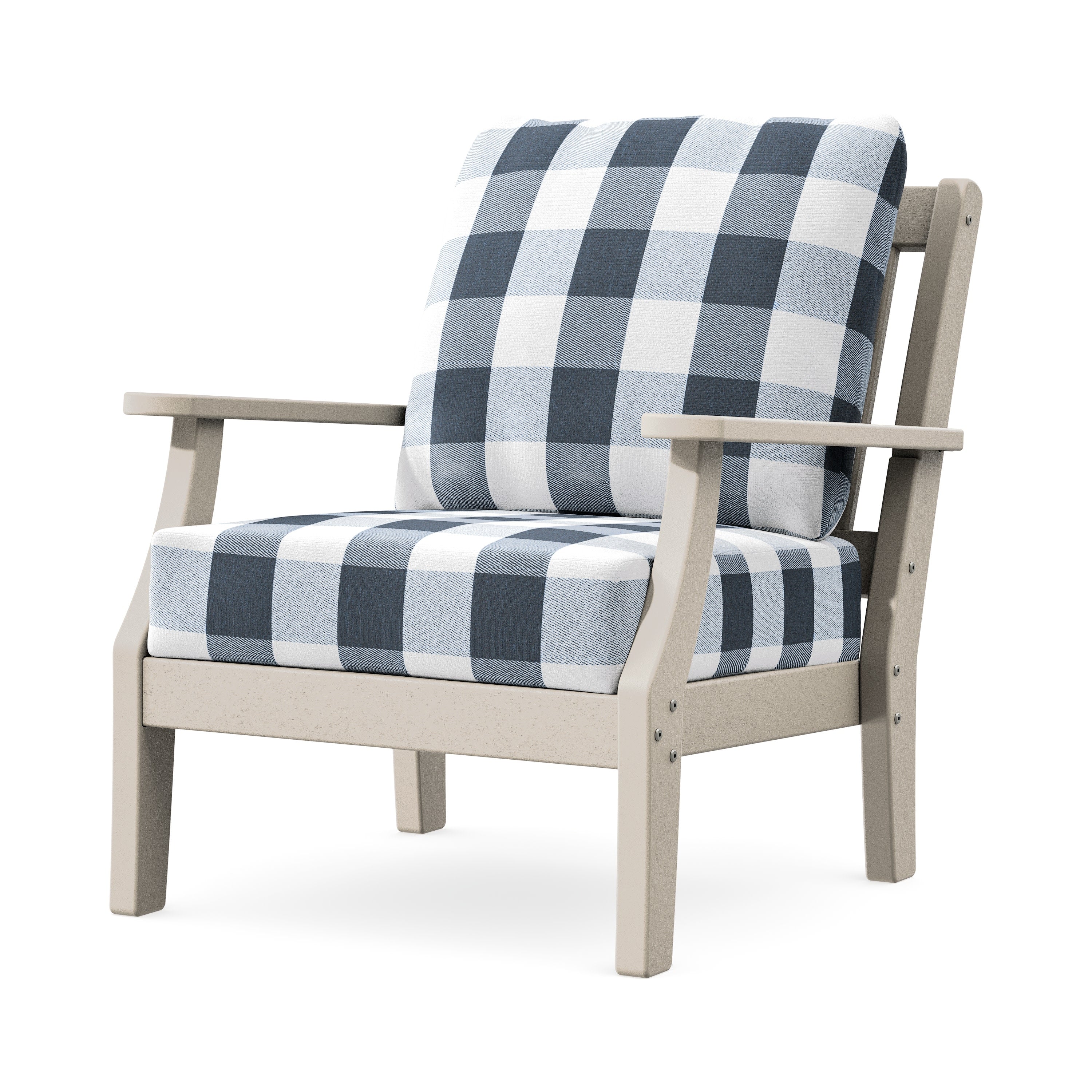 Chinoiserie Deep Seating Chair in Sand / Buffalo Plaid Marine Indigo