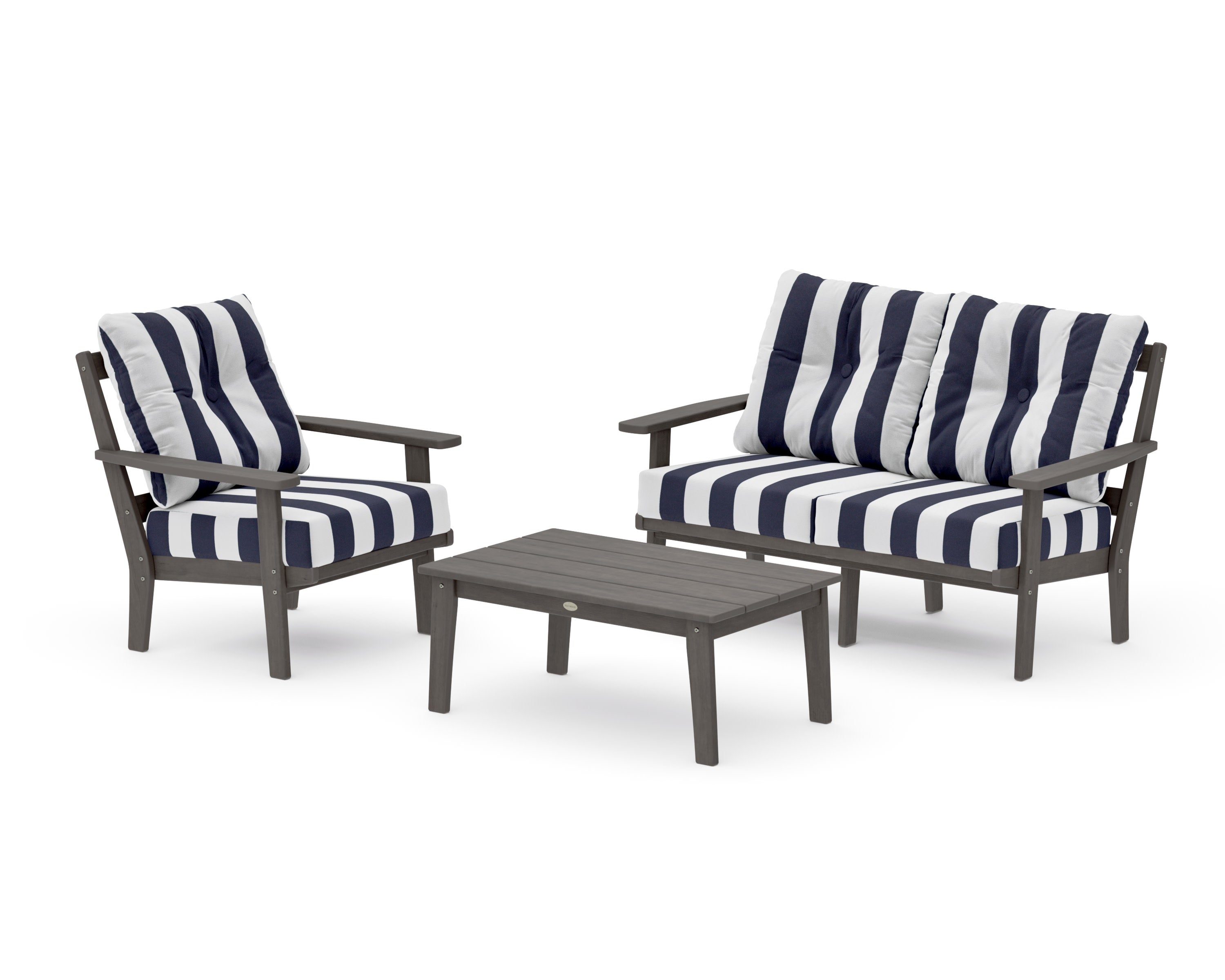 Oxford 3-Piece Deep Seating Set with Loveseat in Driftwood / Cabana Stripe Navy