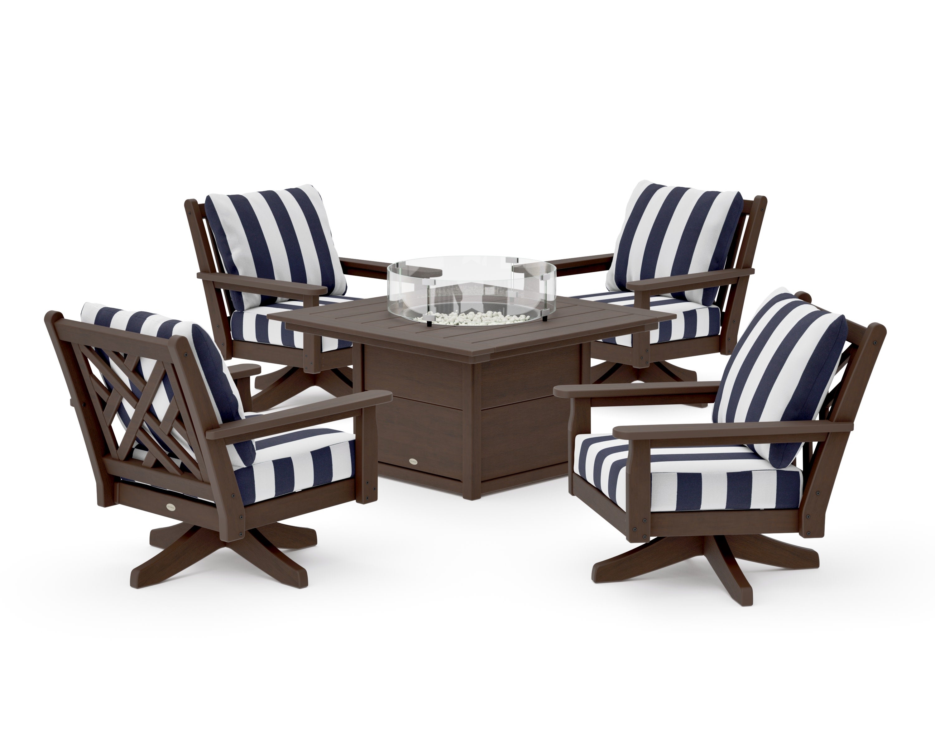 Chippendale 5-Piece Deep Seating Swivel Conversation Set with Fire Pit Table in Kona / Cabana Stripe Navy