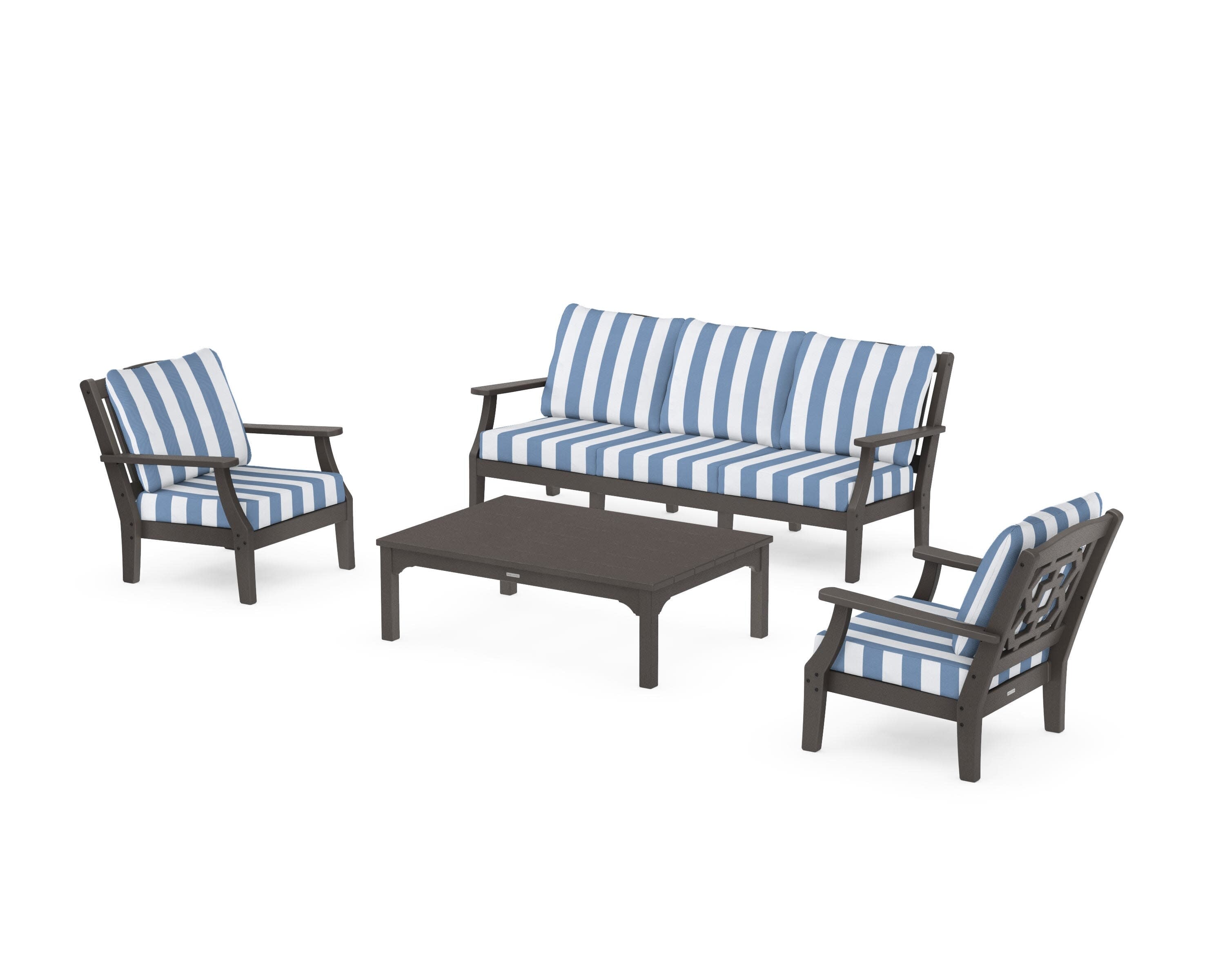 Chinoiserie 4-Piece Deep Seating Set with Sofa in Vintage Coffee / Cabana Stripe Sky Blue