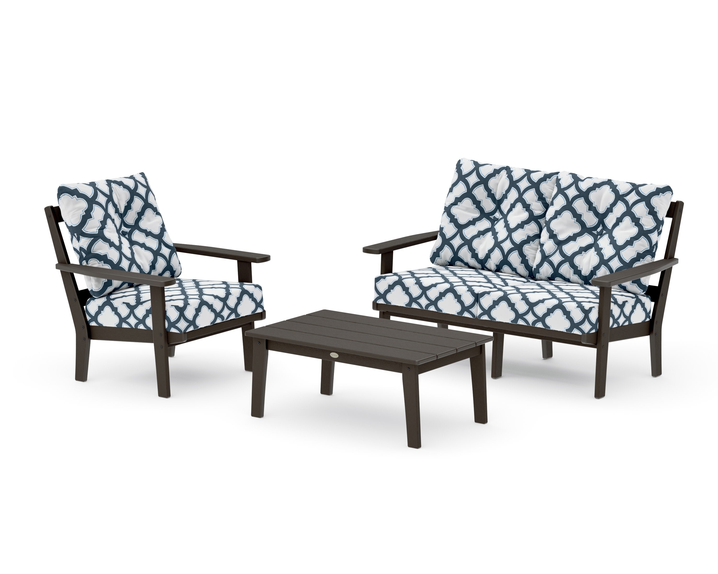 Oxford 3-Piece Deep Seating Set with Loveseat in Vintage Coffee / Trellis Marine Indigo