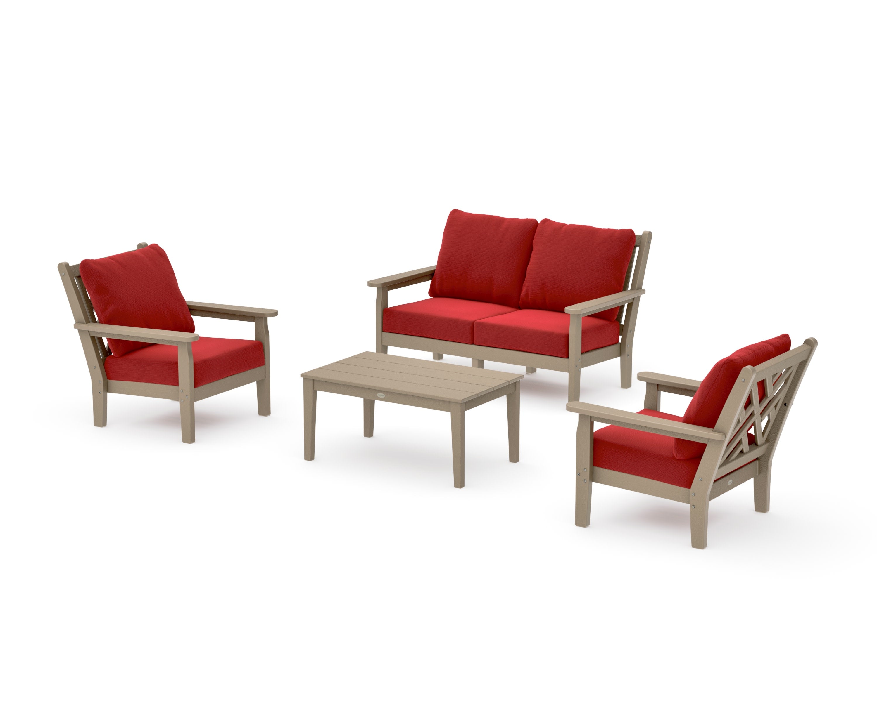 Chippendale 4-Piece Deep Seating Set with Loveseat in Vintage Sahara / Crimson Linen