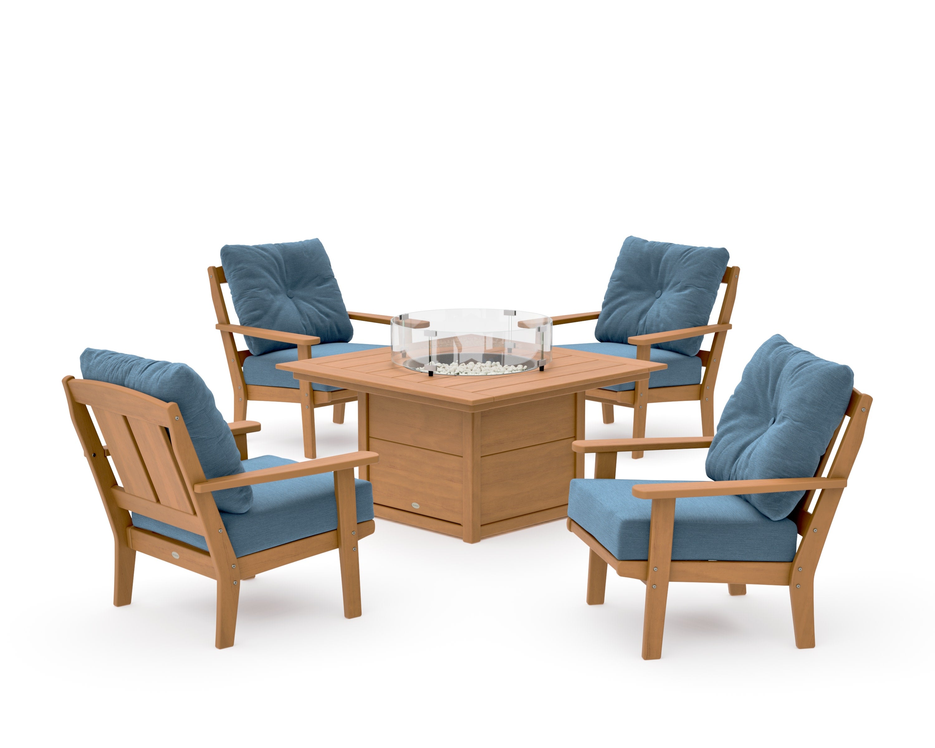 Mission 5-Piece Deep Seating Set with Fire Pit Table in Natural / Sky Blue