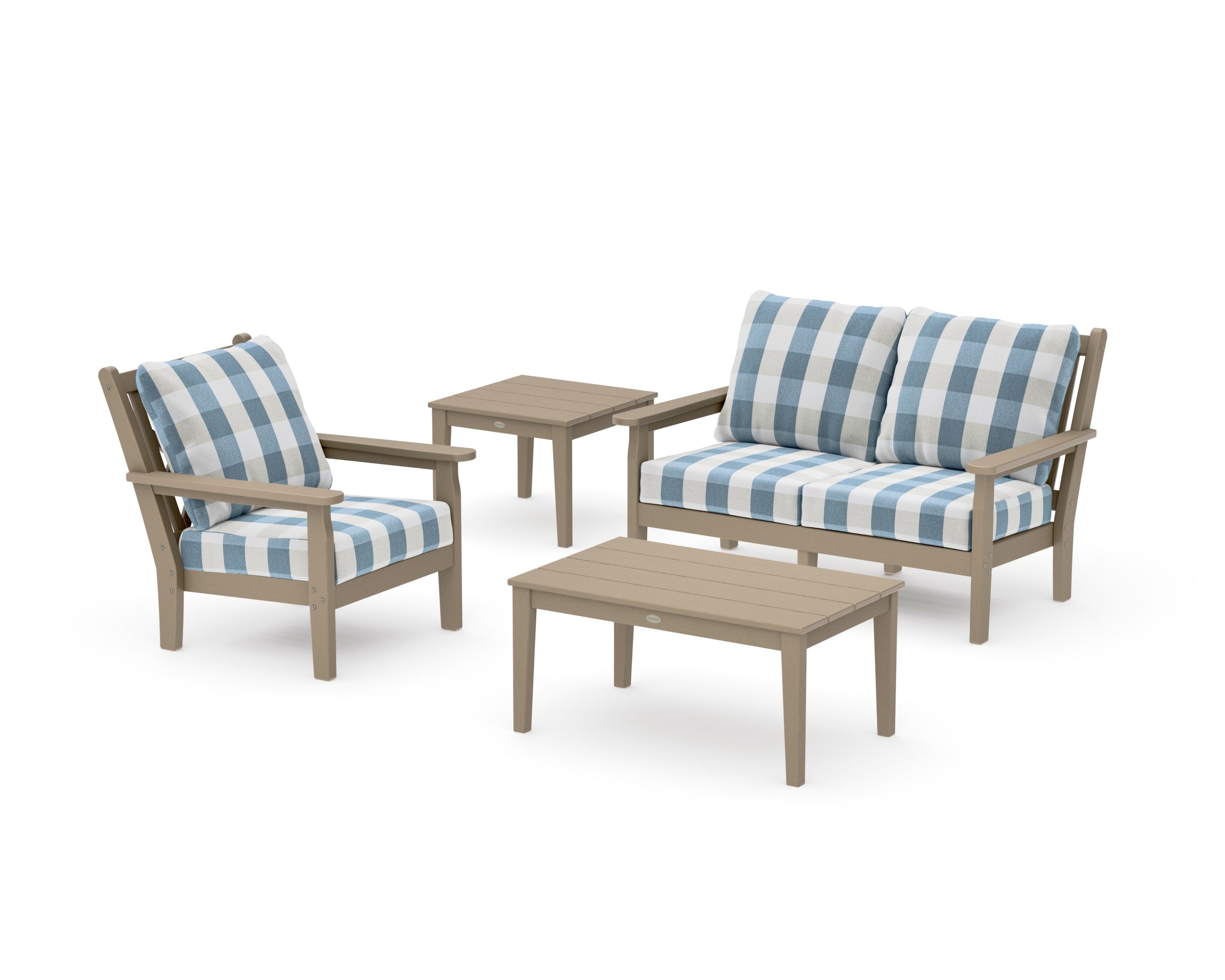 Chippendale 4-Piece Deep Seating Set in Vintage Sahara / Buffalo Plaid Sky Blue