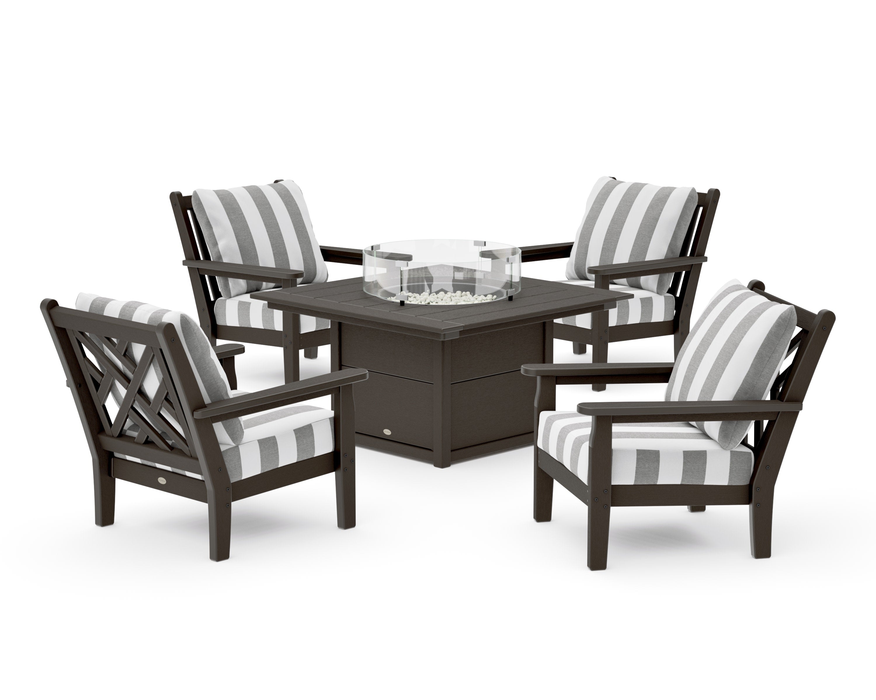 Chippendale 5-Piece Deep Seating Set with Fire Pit Table in Vintage Coffee / Cabana Stripe Grey Mist
