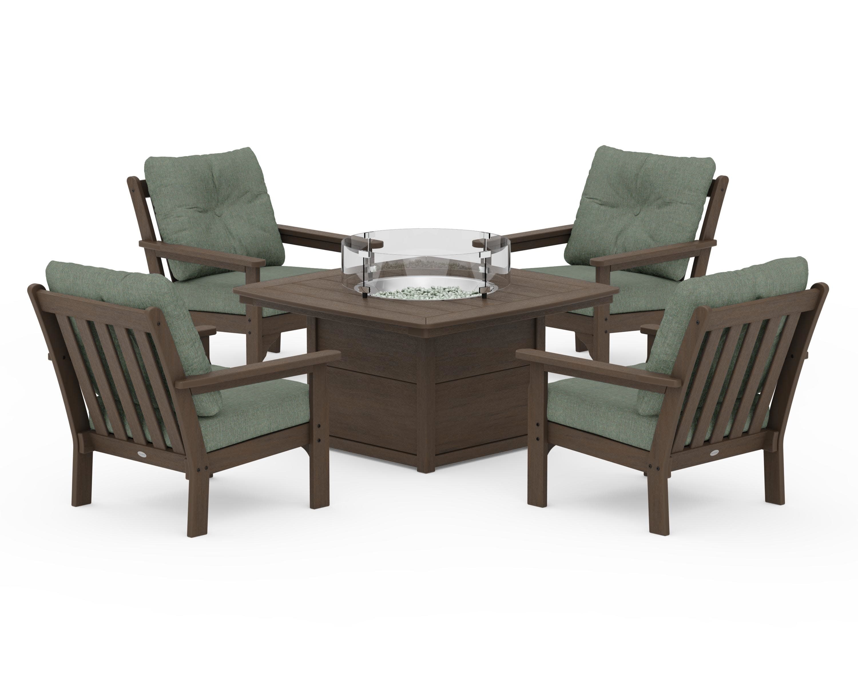 Vineyard 5-Piece Conversation Set with Fire Pit Table in Kona / Cast Sage