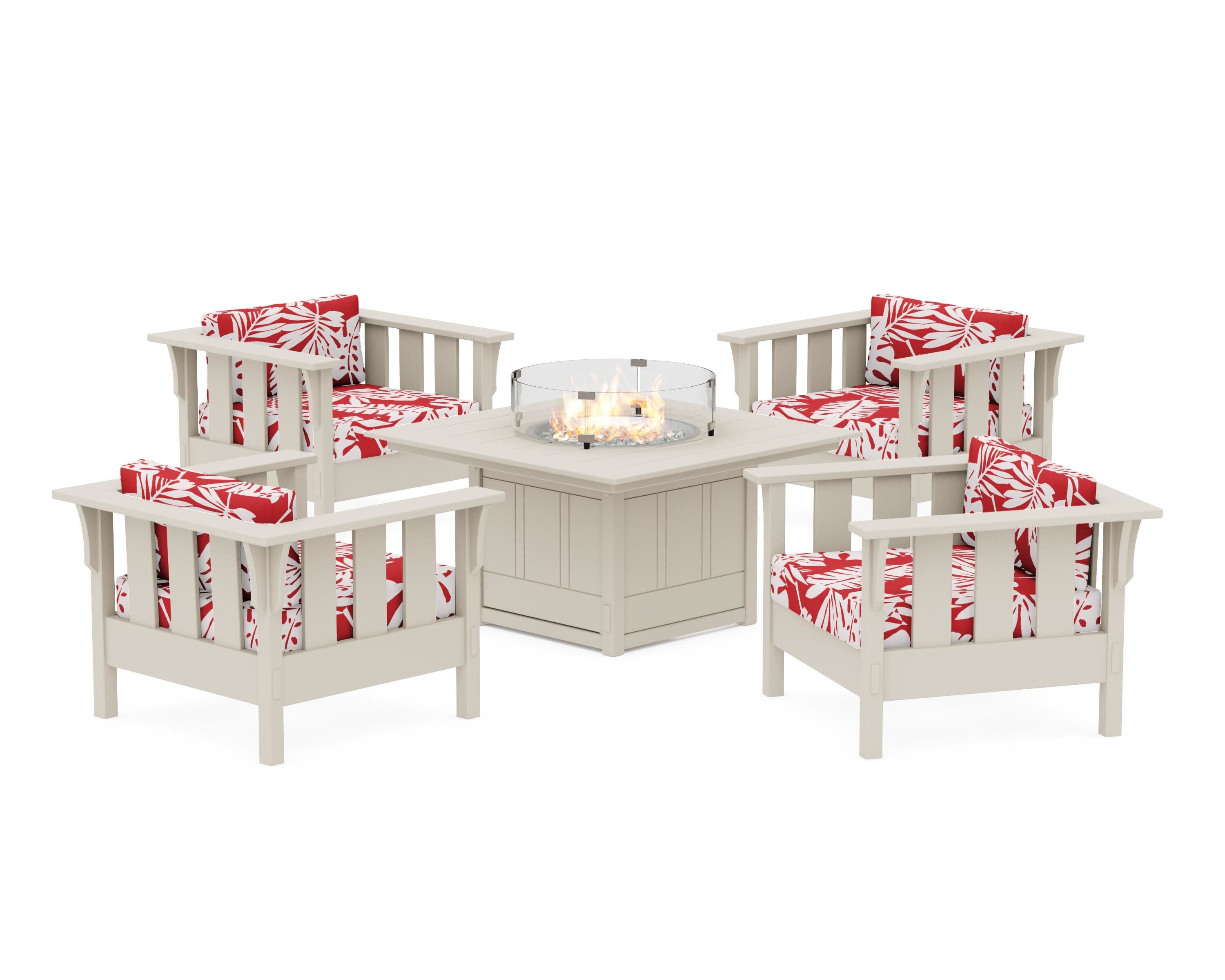 Acadia 5-Piece Deep Seating Set with Fire Pit Table in Sand / Leaf Crimson
