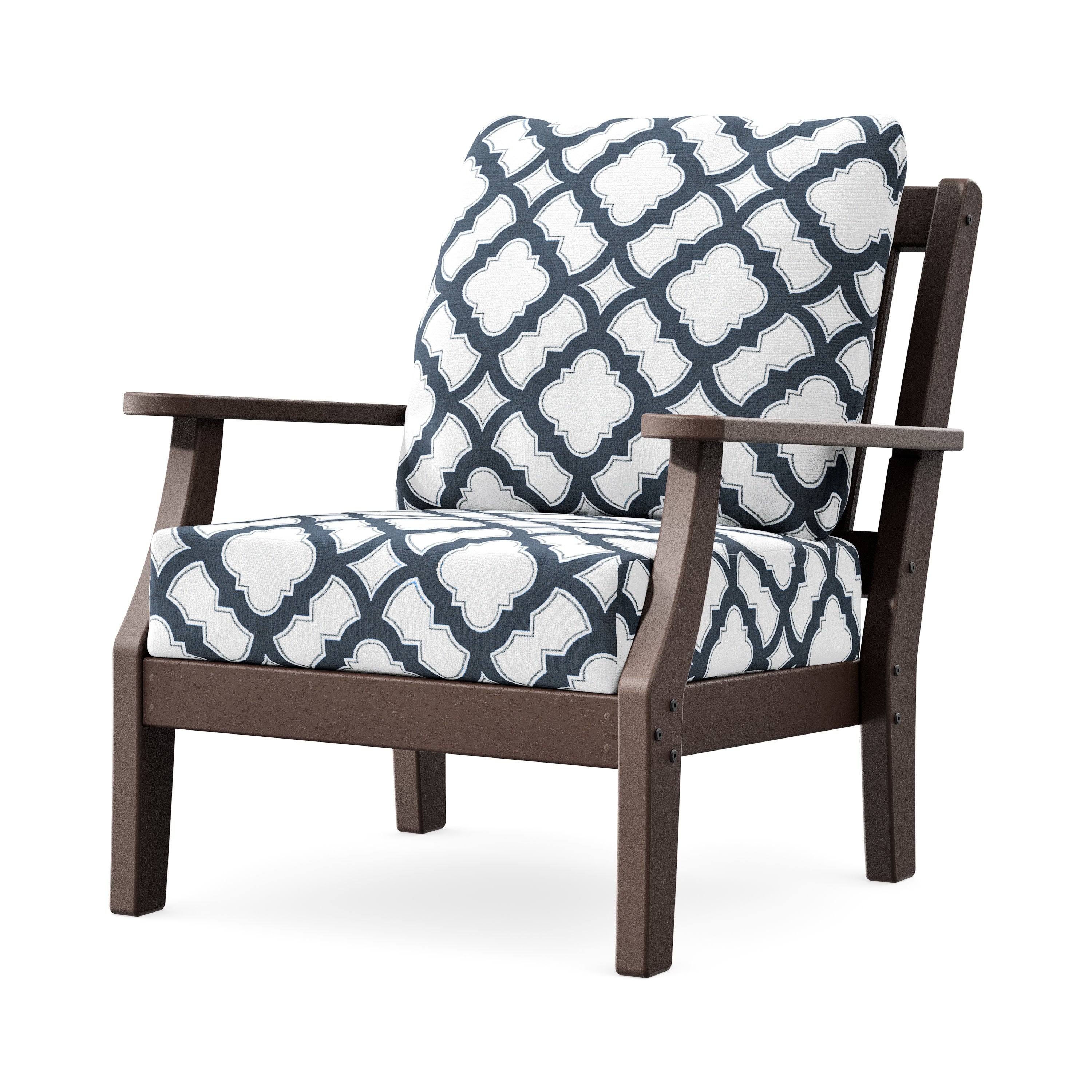 Chinoiserie Deep Seating Chair in Mahogany / Trellis Marine Indigo