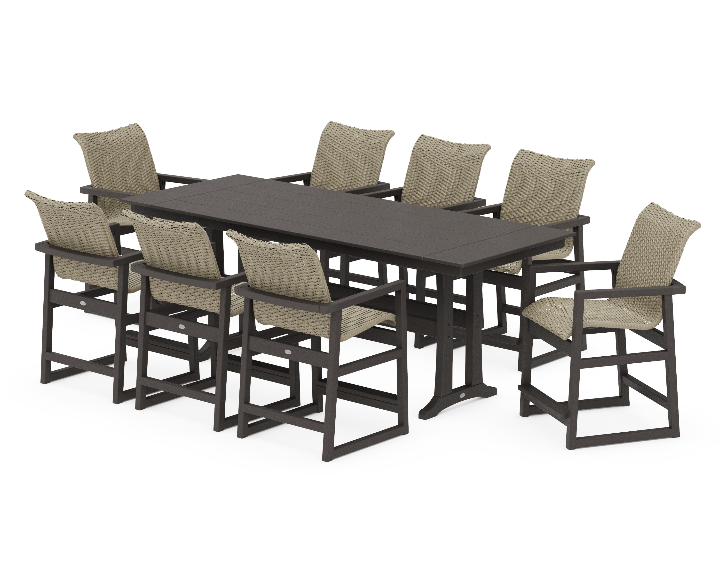 EDGE Woven 9-Piece Farmhouse Counter Set with Trestle Legs in Vintage Coffee / Dune Grass