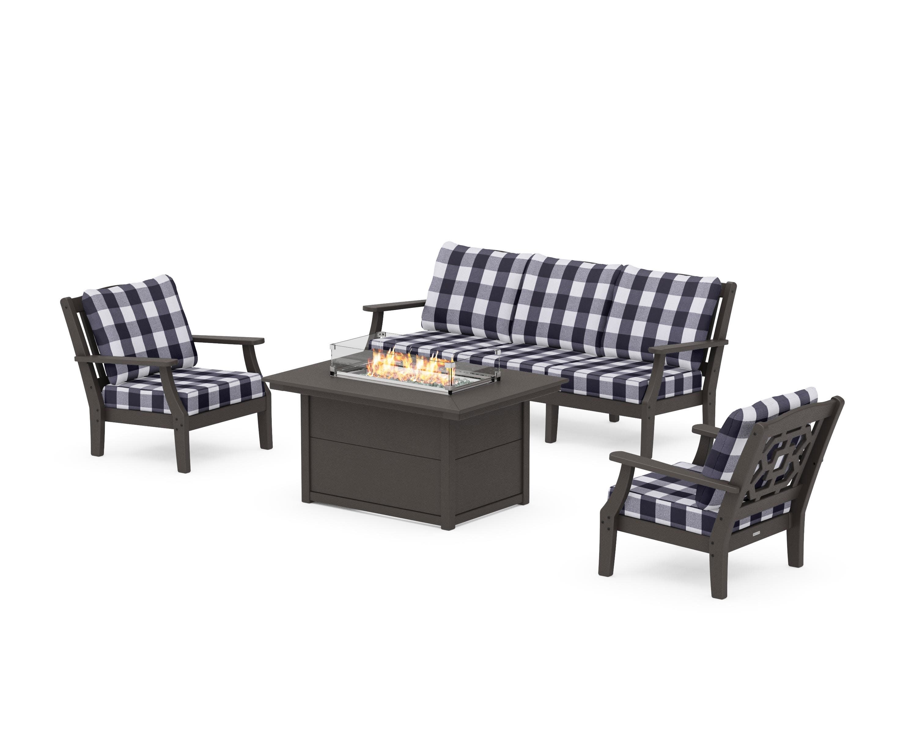Chinoiserie Deep Seating Fire Pit Table Set in Vintage Coffee / Buffalo Plaid Navy