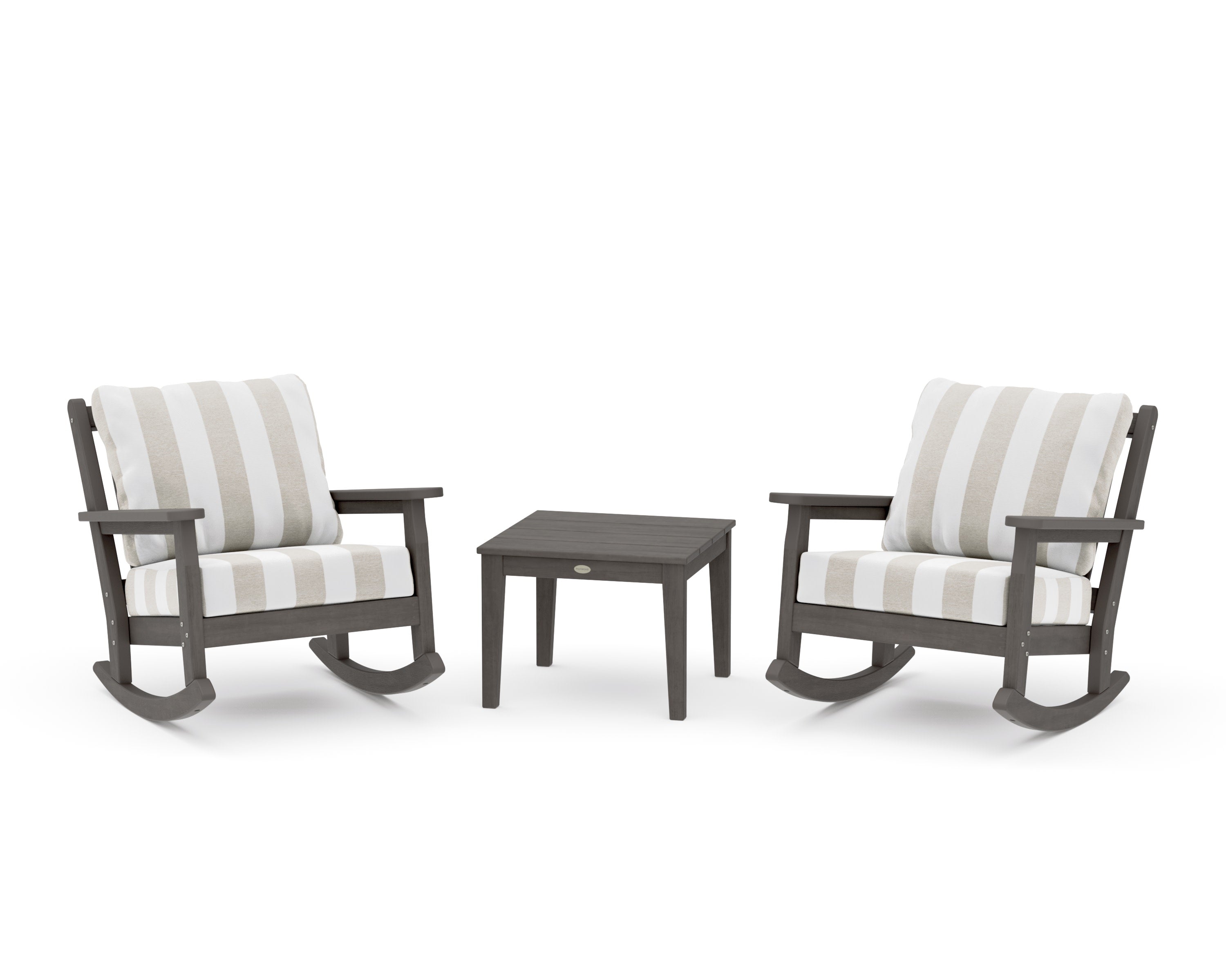 Chippendale 3-Piece Deep Seating Rocker Set in Driftwood / Cabana Stripe Dune Burlap