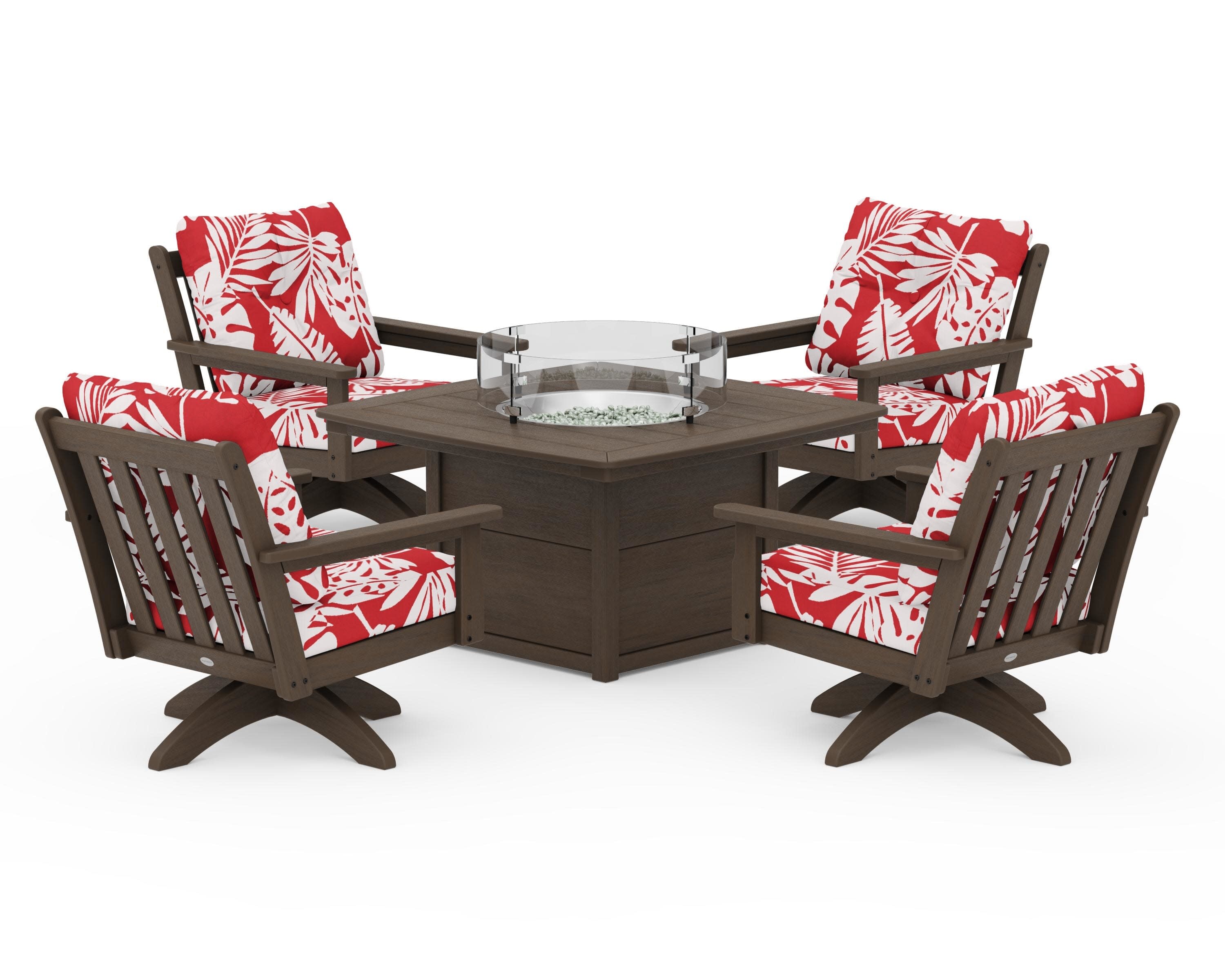Vineyard 5-Piece Deep Seating Swivel Conversation Set with Fire Pit Table in Kona / Leaf Crimson