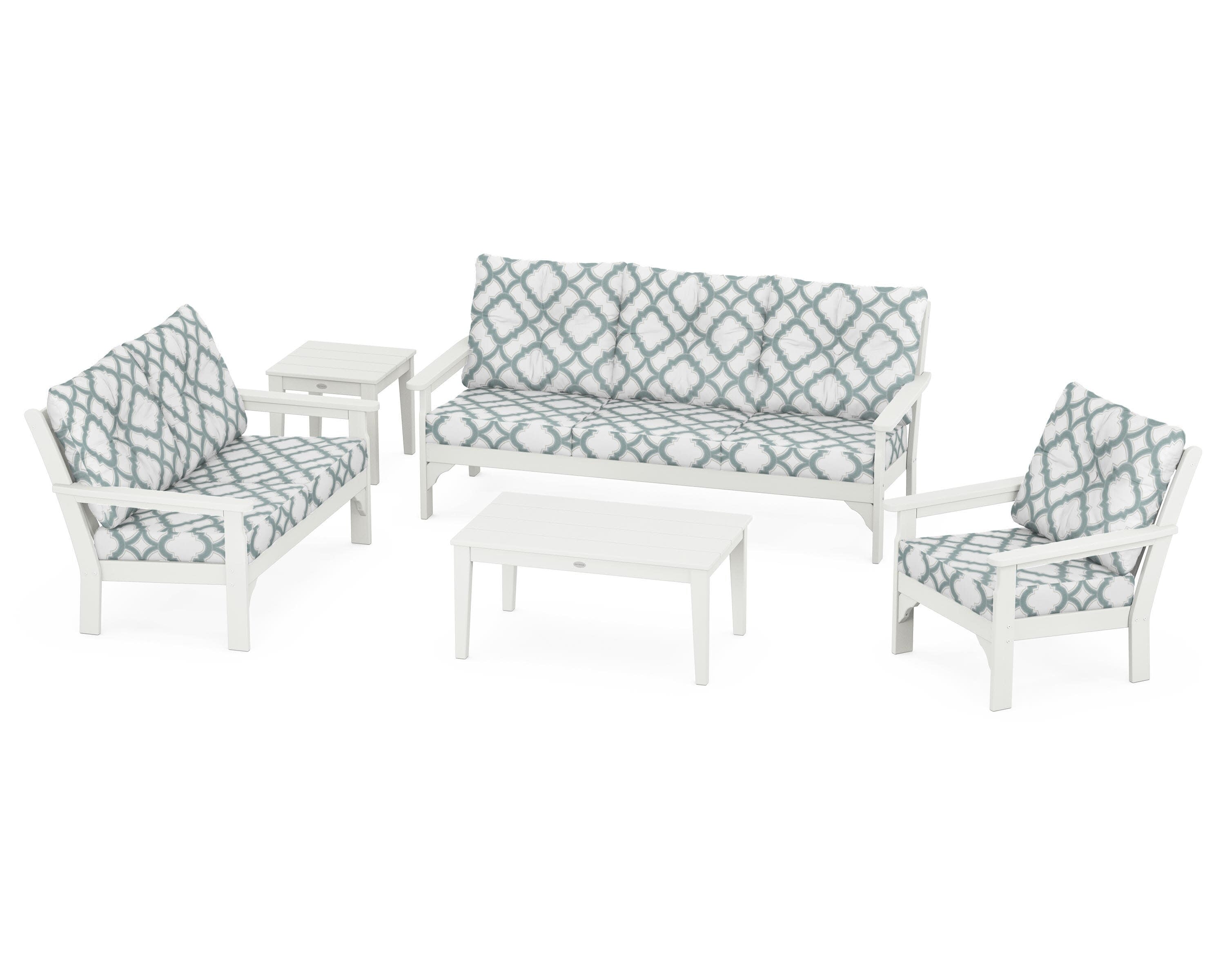 Vineyard 5 Piece Deep Seating Set in Vintage White / Trellis Glacier Spa