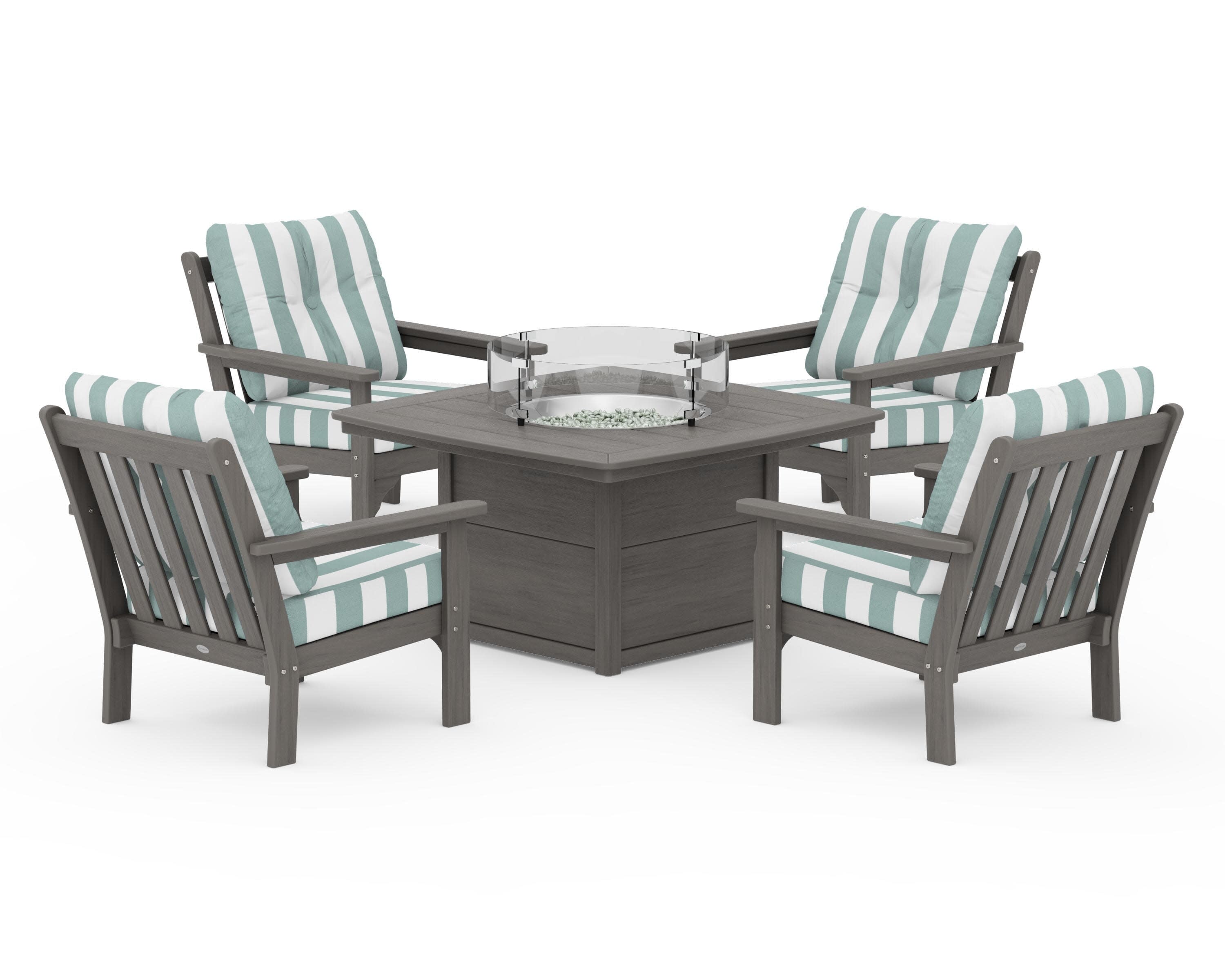 Vineyard 5-Piece Conversation Set with Fire Pit Table in Driftwood / Cabana Stripe Glacier Spa