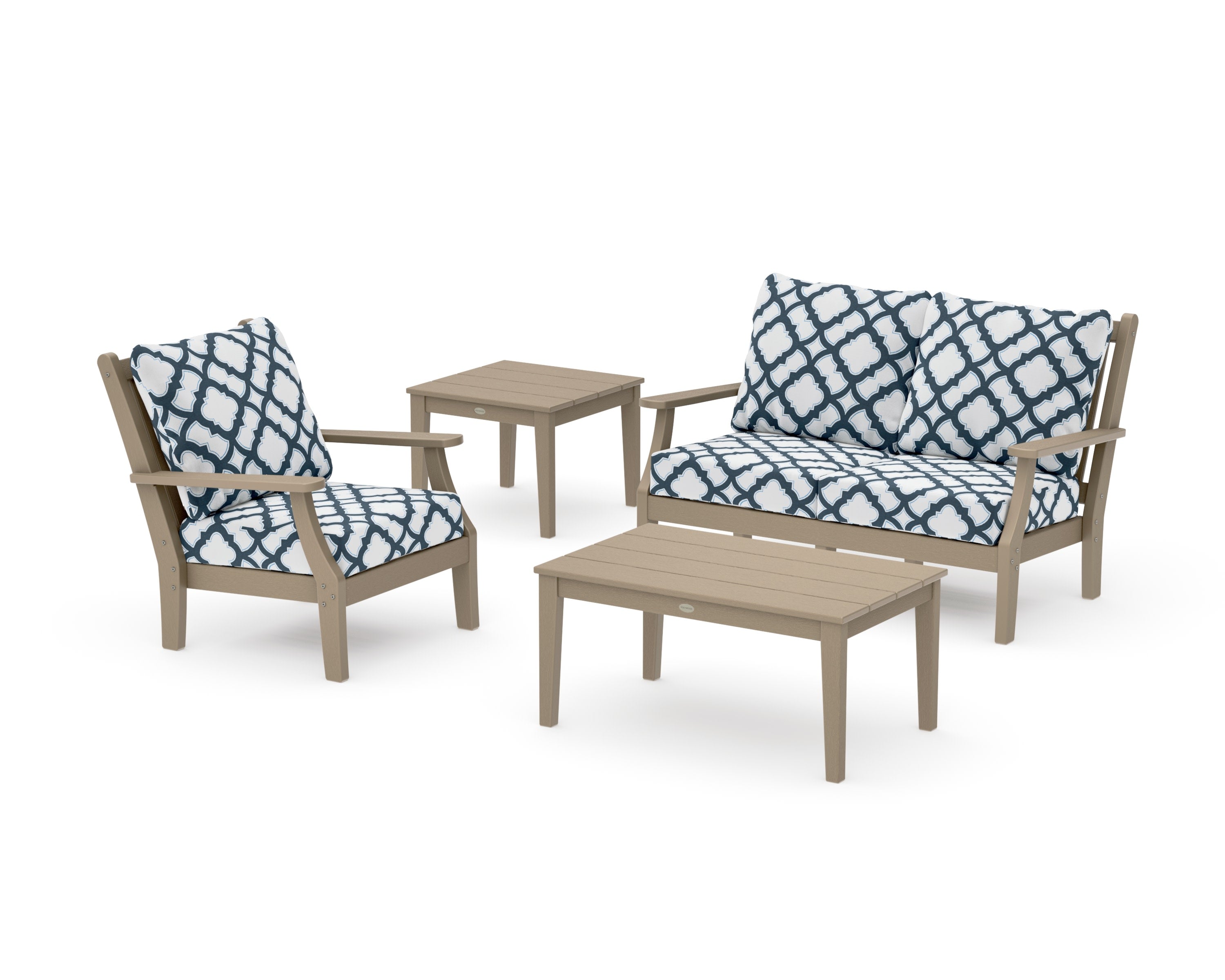 Wovendale 4-Piece Deep Seating Set in Vintage Sahara / Trellis Marine Indigo