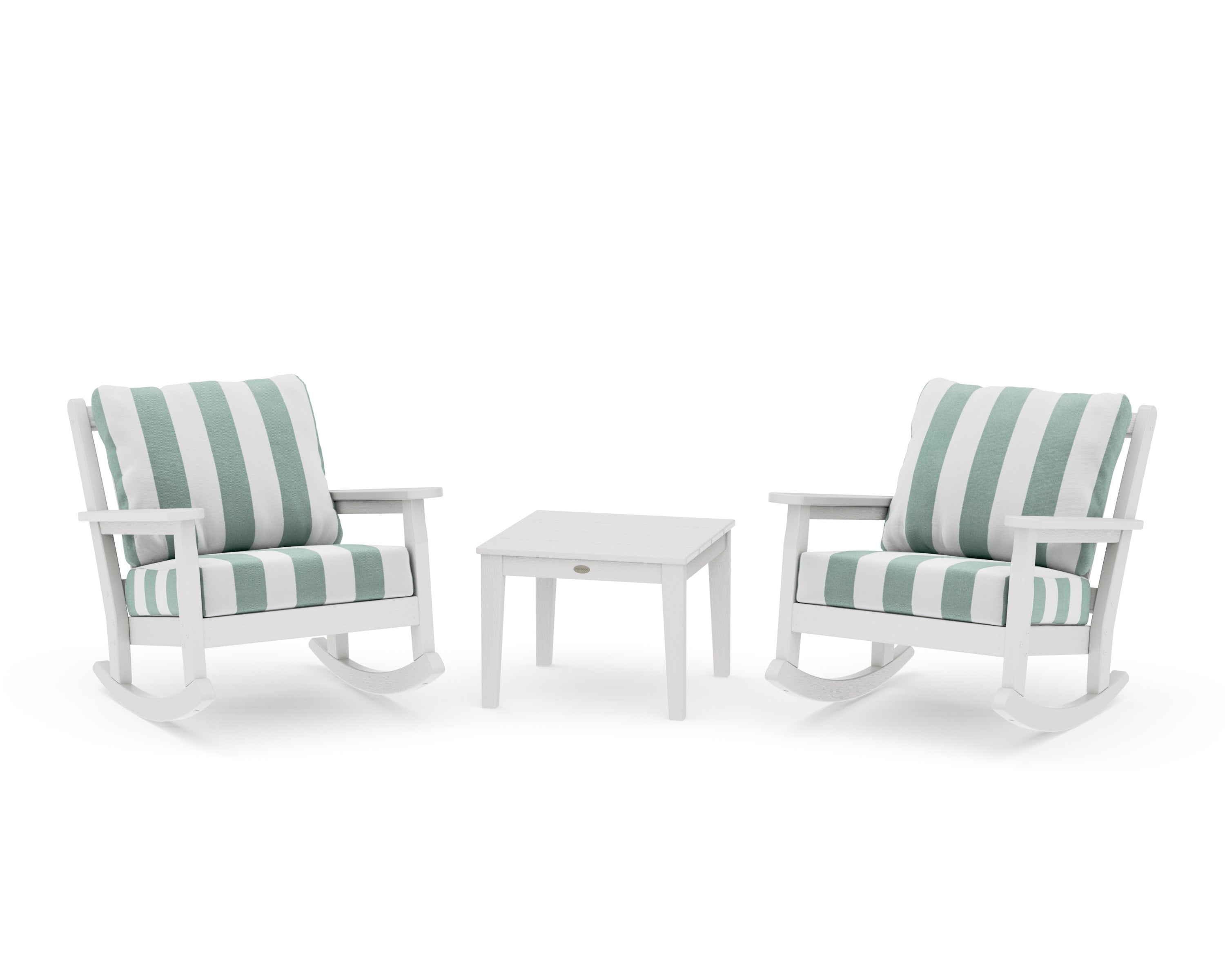 Chippendale 3-Piece Deep Seating Rocker Set in Vintage White / Cabana Stripe Glacier Spa