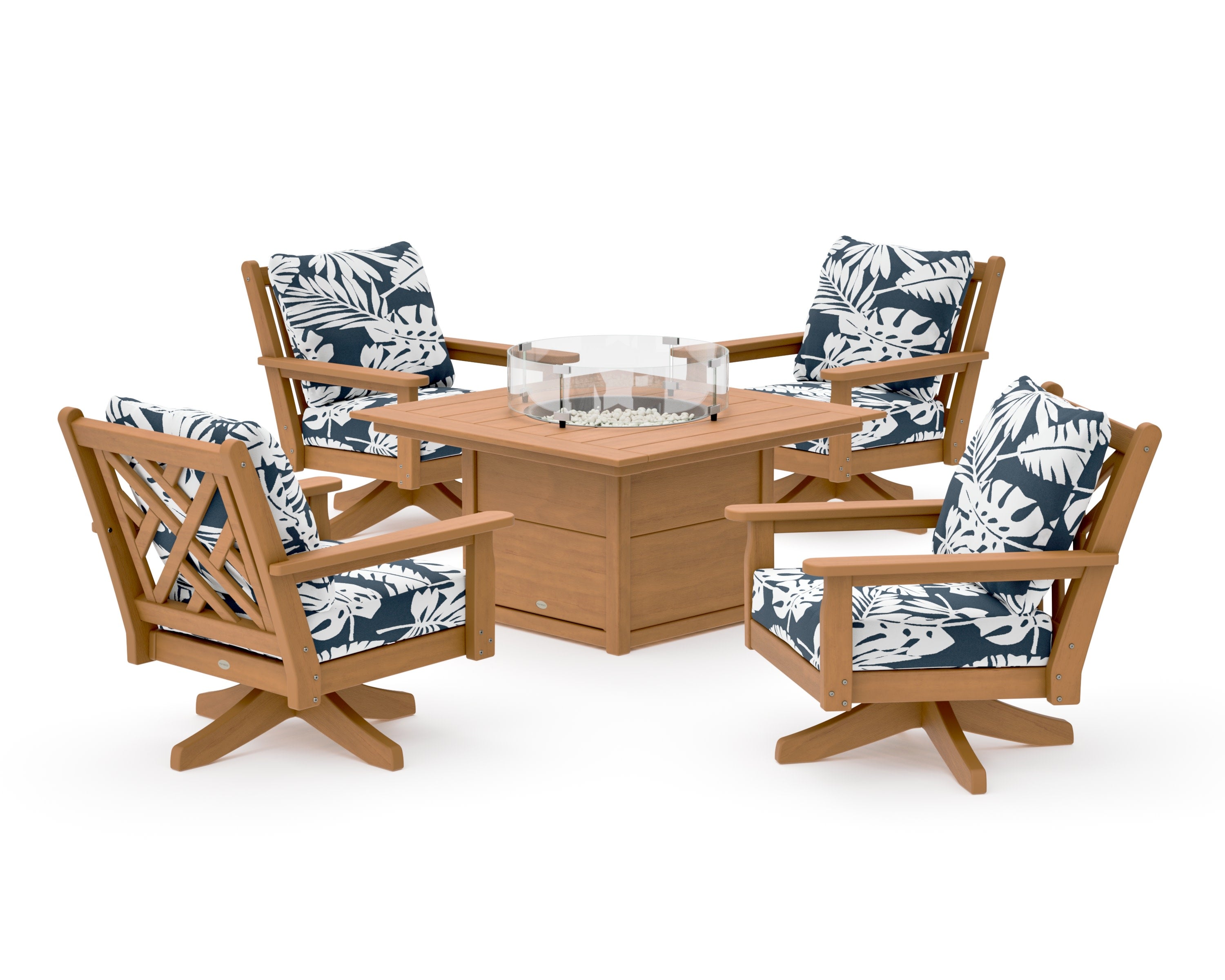Chippendale 5-Piece Deep Seating Swivel Conversation Set with Fire Pit Table in Natural / Leaf Marine Indigo