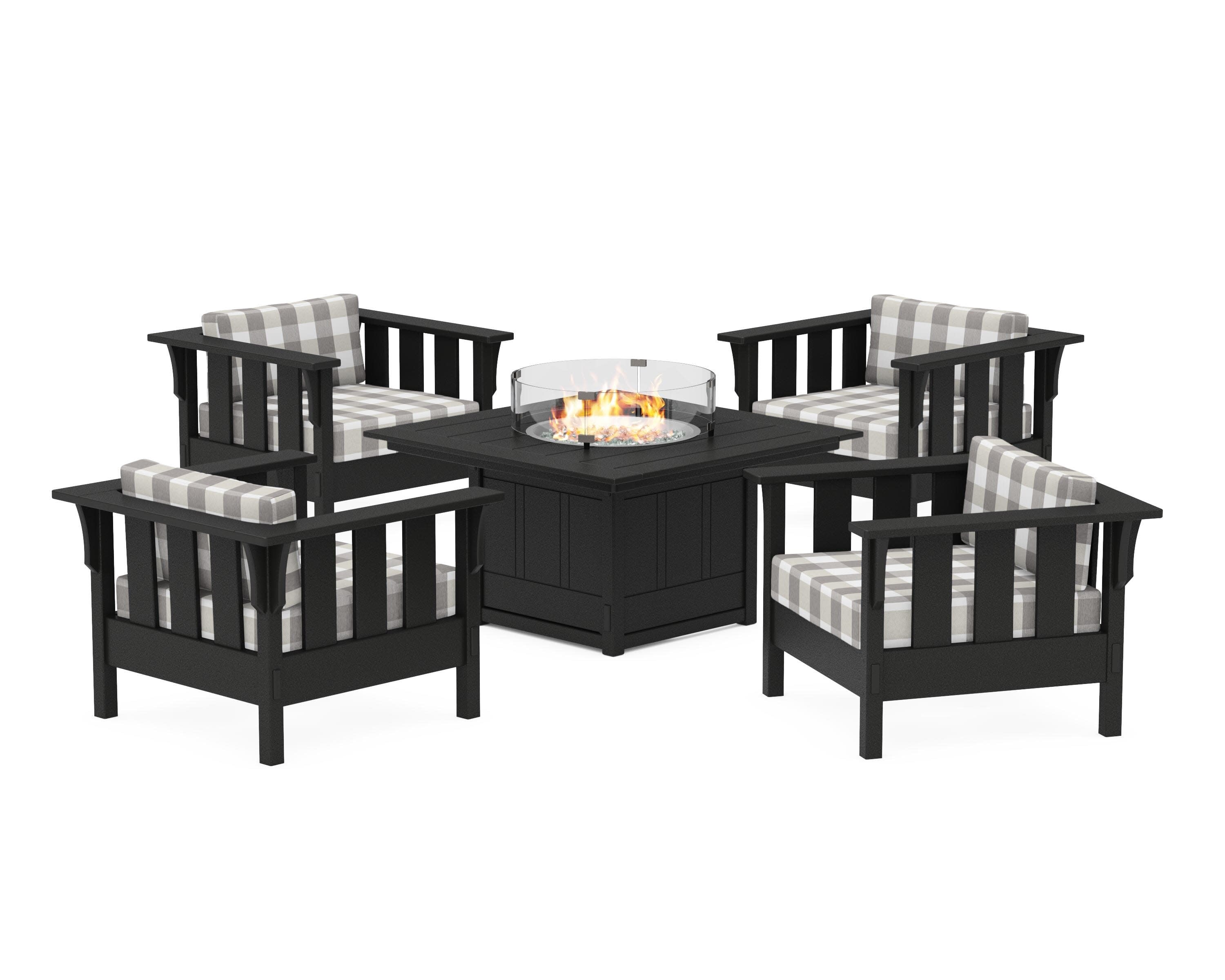 Acadia 5-Piece Deep Seating Set with Fire Pit Table in Black / Buffalo Plaid Grey Mist