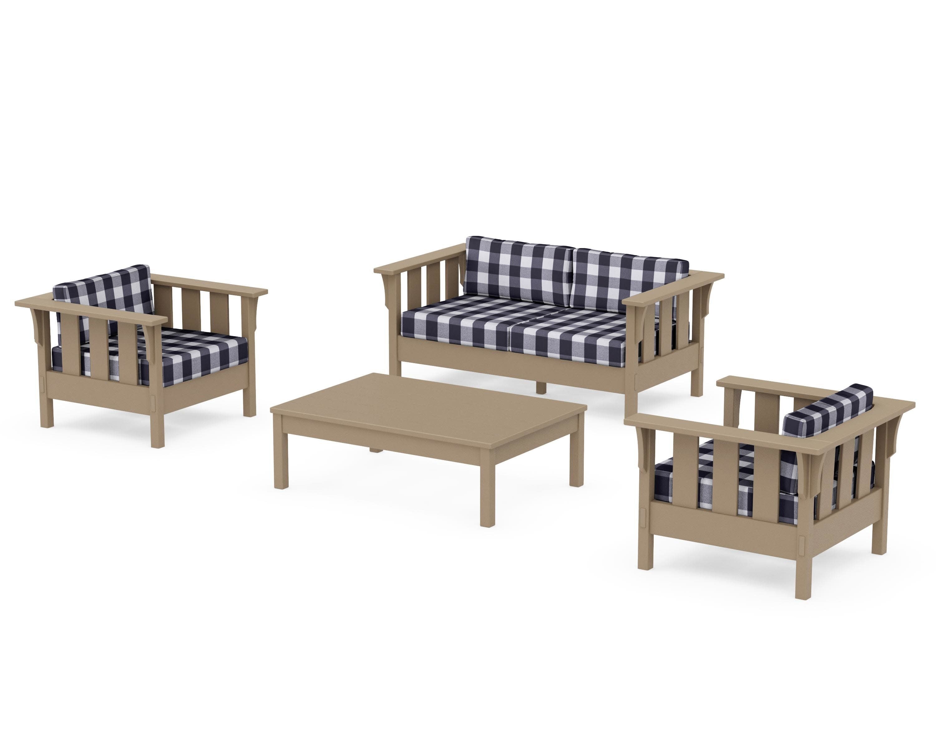Acadia 4-Piece Deep Seating Set with Loveseat in Vintage Sahara / Buffalo Plaid Navy