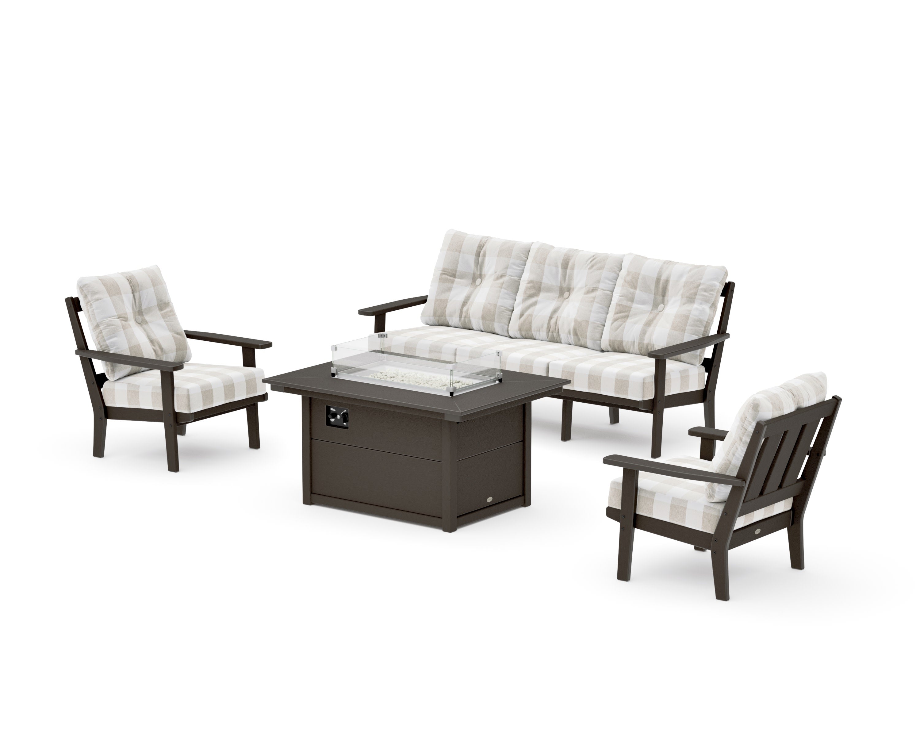 Oxford Deep Seating Fire Pit Table Set in Vintage Coffee / Buffalo Plaid Dune Burlap