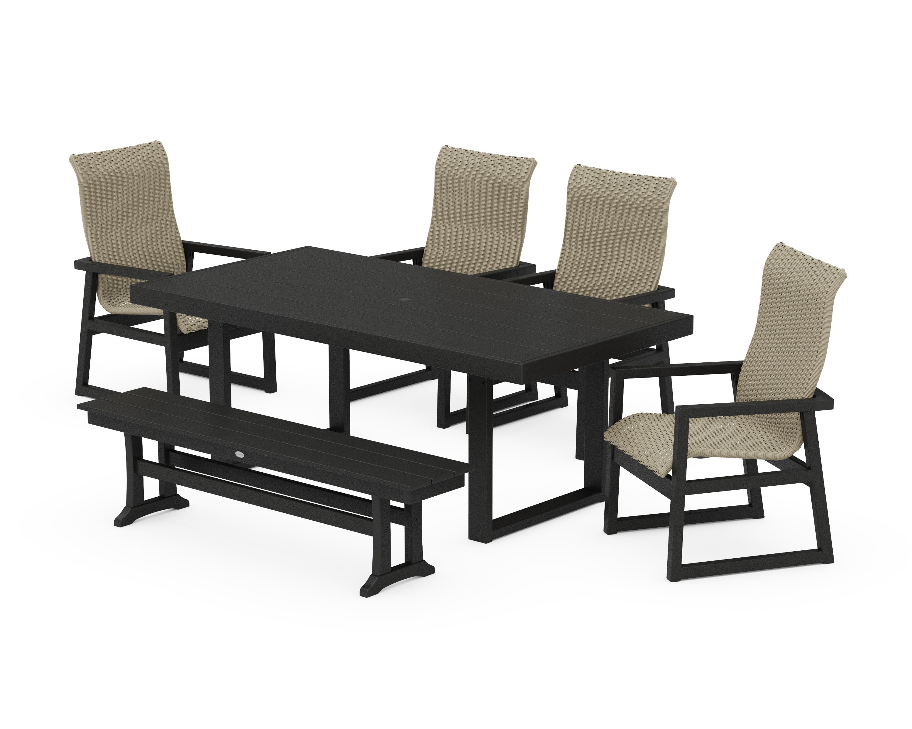 EDGE Woven Highback 6-Piece Dining Set with Bench in Black / Dune Grass
