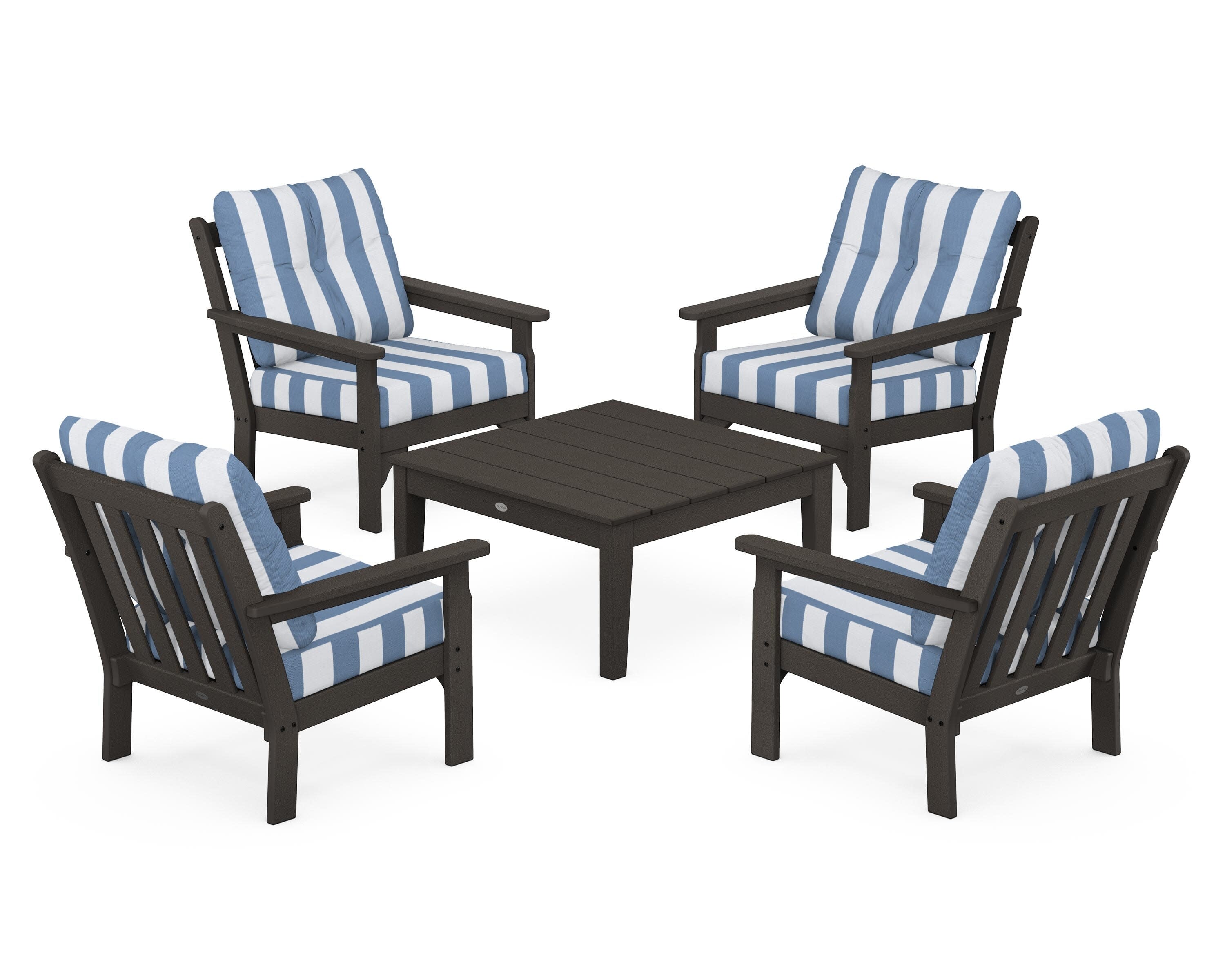 Vineyard 5-Piece Deep Seating Conversation Set in Vintage Coffee / Cabana Stripe Sky Blue