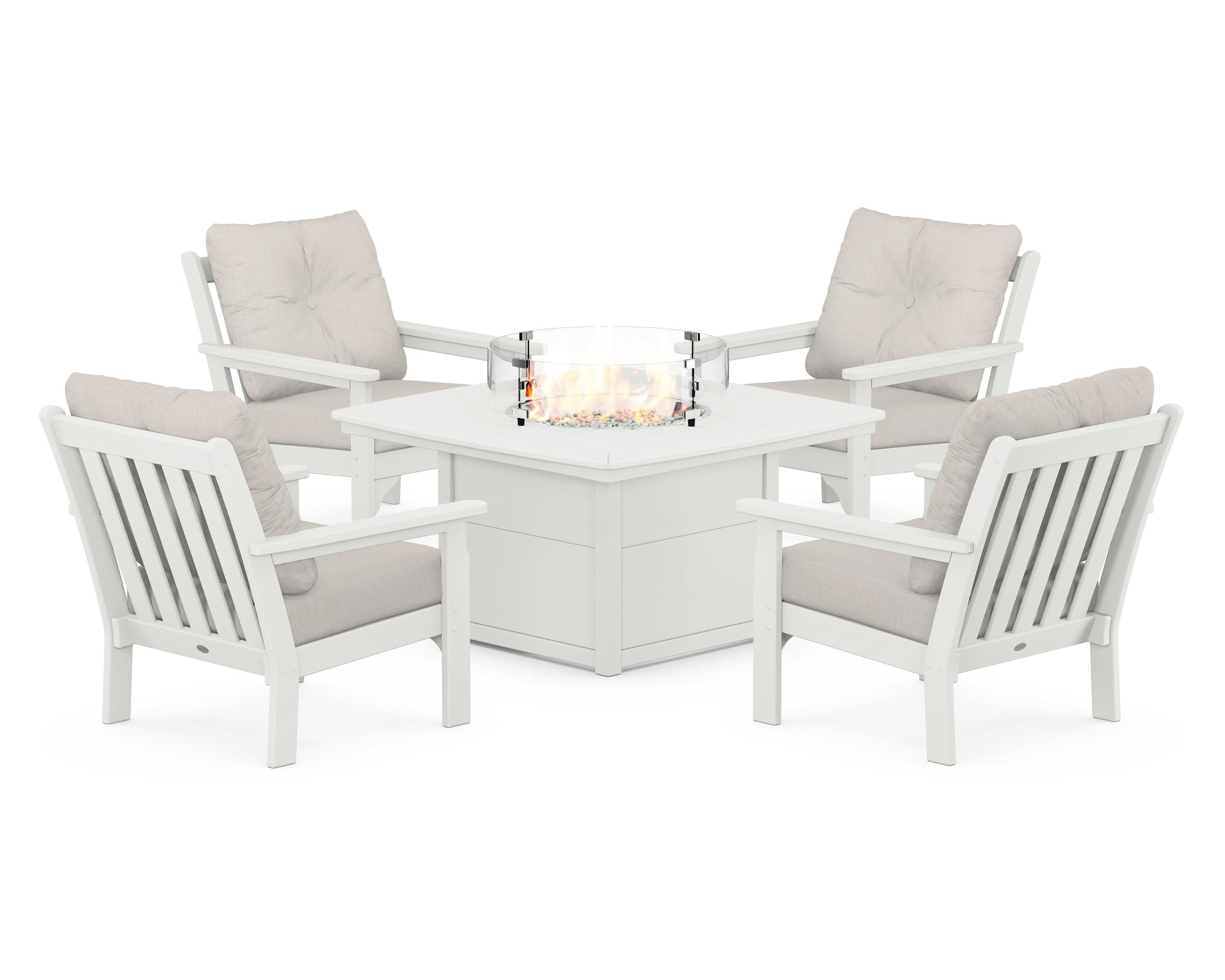 Vineyard 5-Piece Conversation Set with Fire Pit Table in Vintage White / Cast Ash