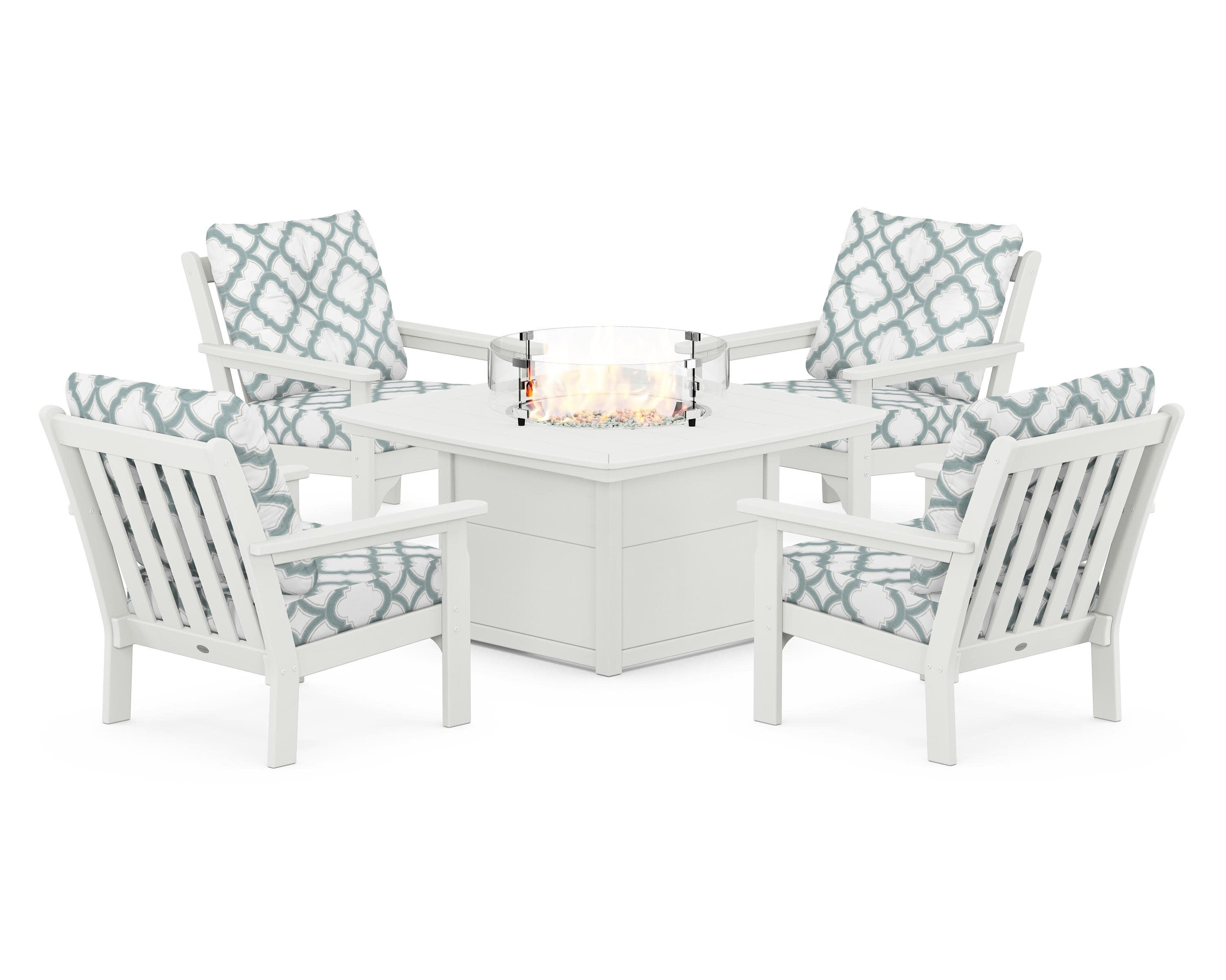Vineyard 5-Piece Conversation Set with Fire Pit Table in Vintage White / Trellis Glacier Spa
