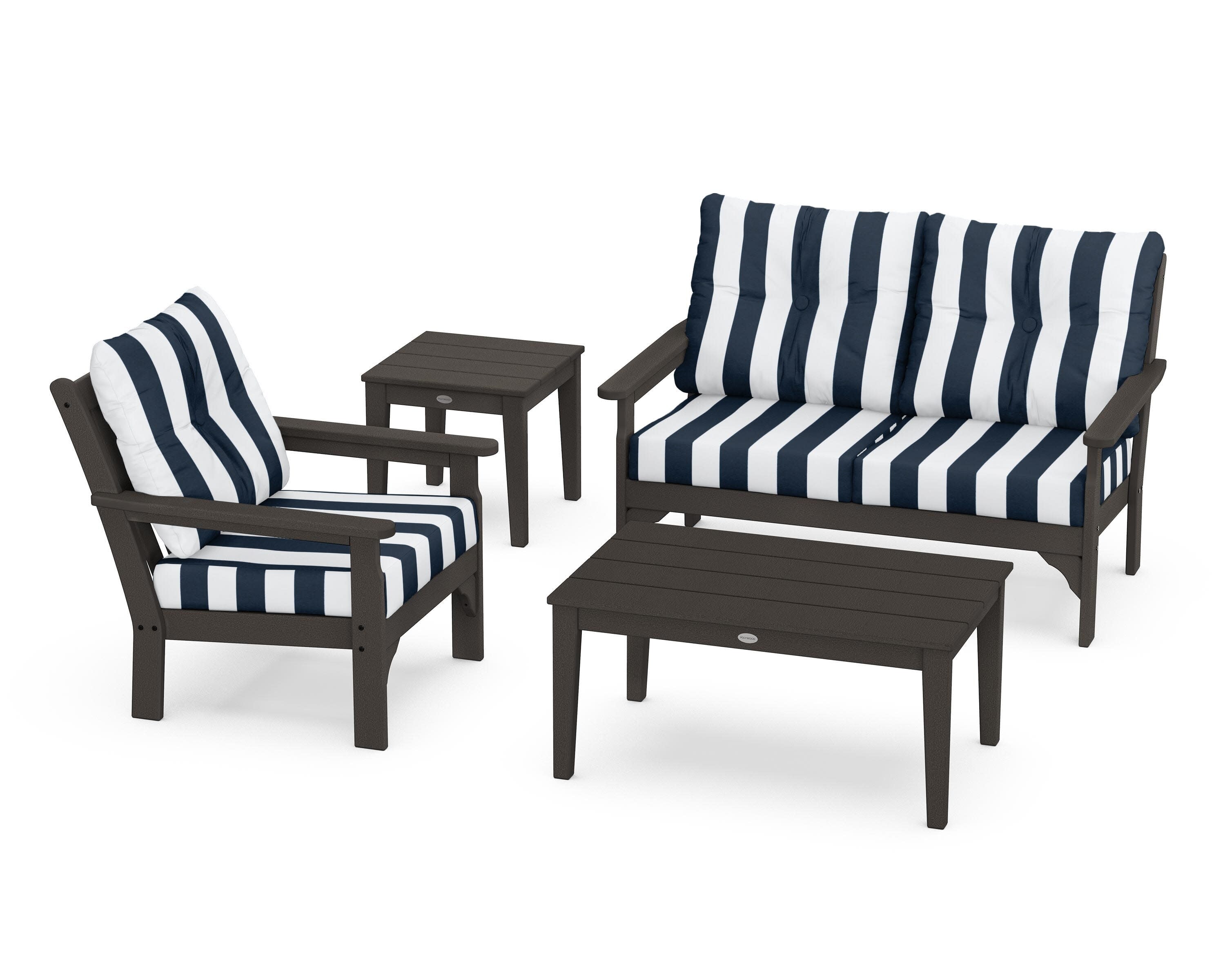 Vineyard 4-Piece Deep Seating Set in Vintage Coffee / Cabana Stripe Marine Indigo