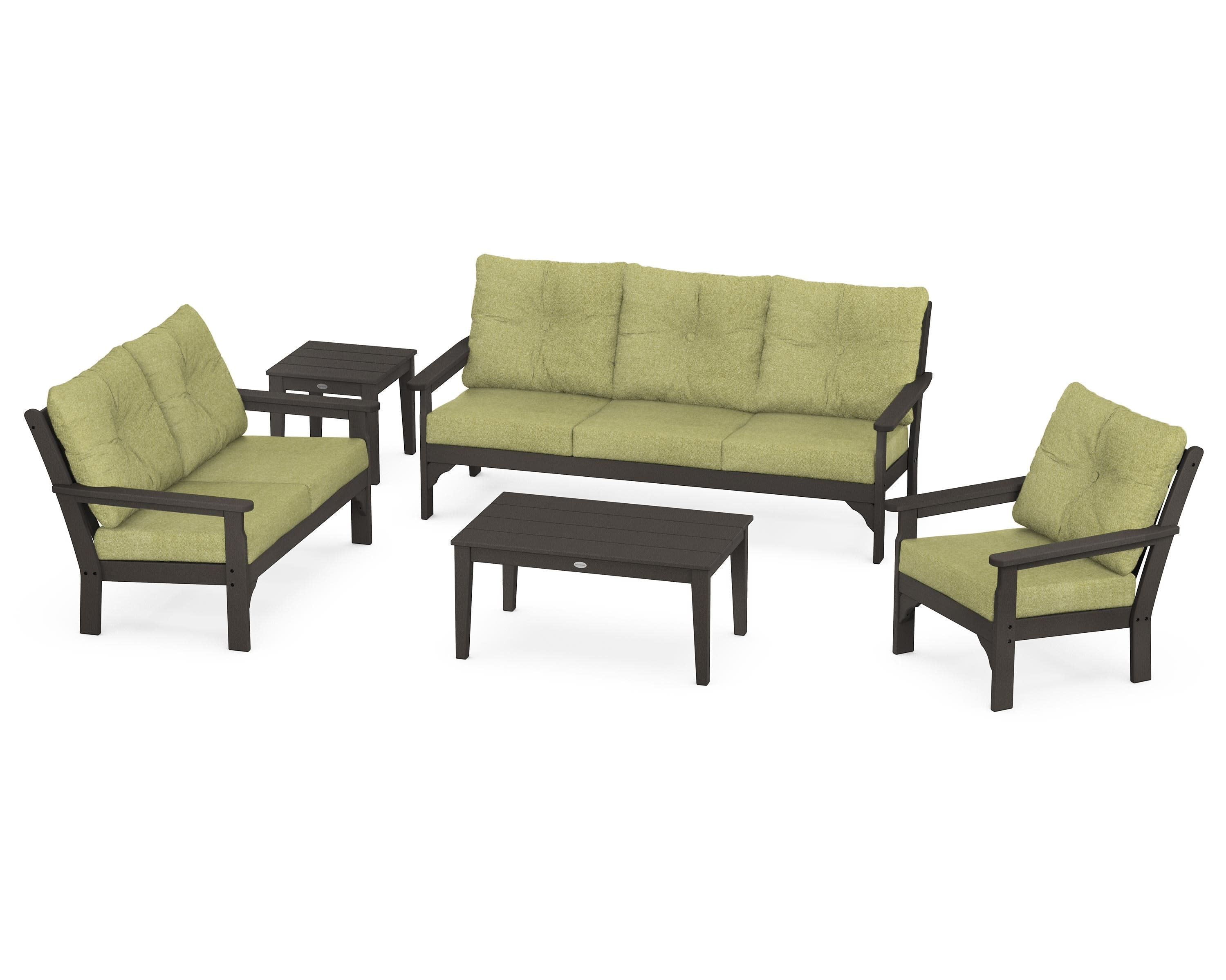 Vineyard 5 Piece Deep Seating Set in Vintage Coffee / Chartreuse Boucle