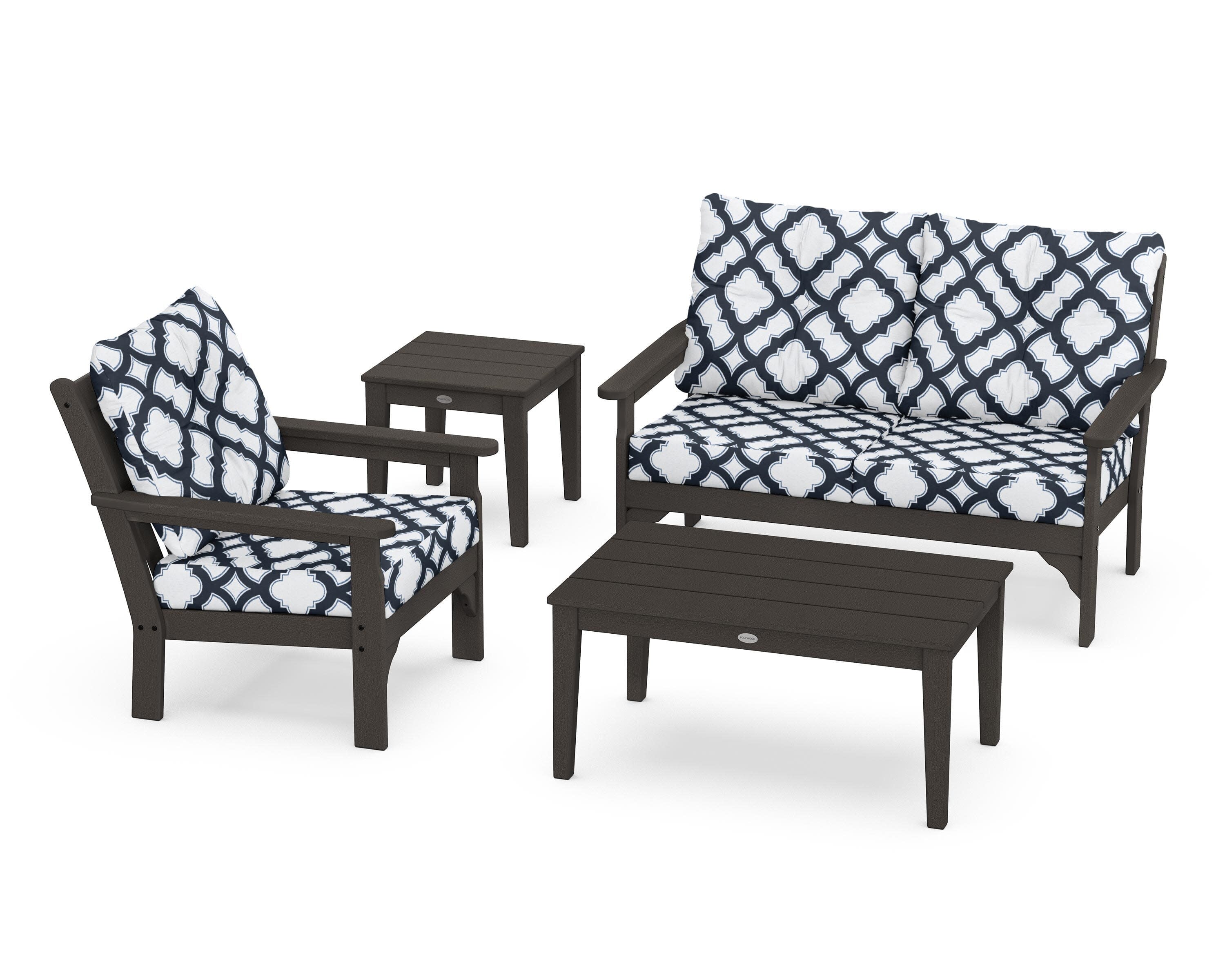 Vineyard 4-Piece Deep Seating Set in Vintage Coffee / Trellis Marine Indigo