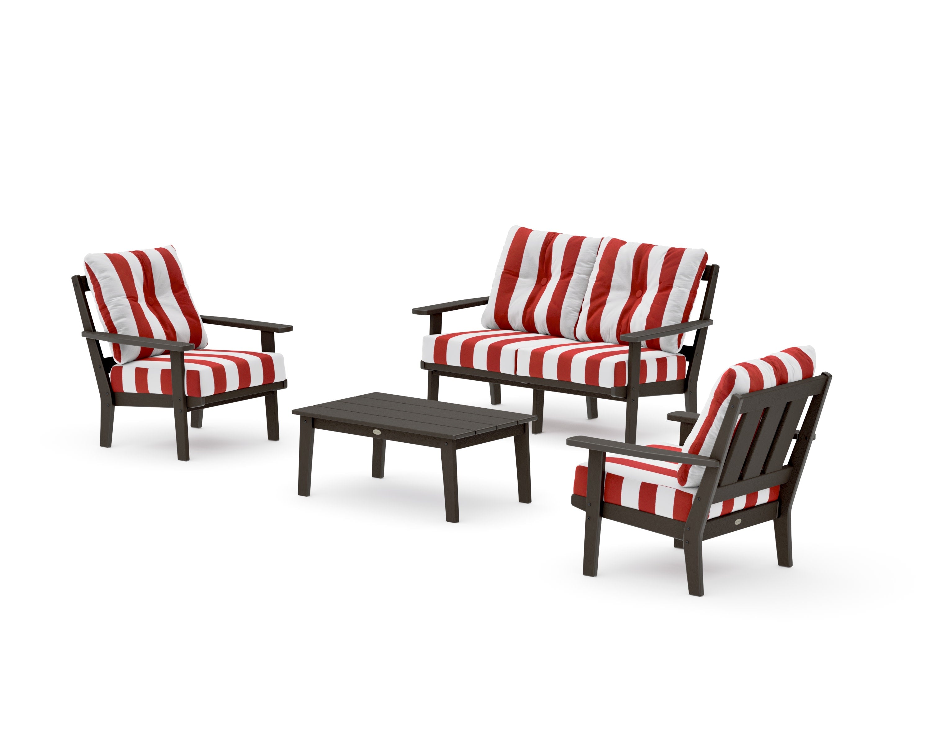 Oxford 4-Piece Deep Seating Set with Loveseat in Vintage Coffee / Cabana Stripe Crimson