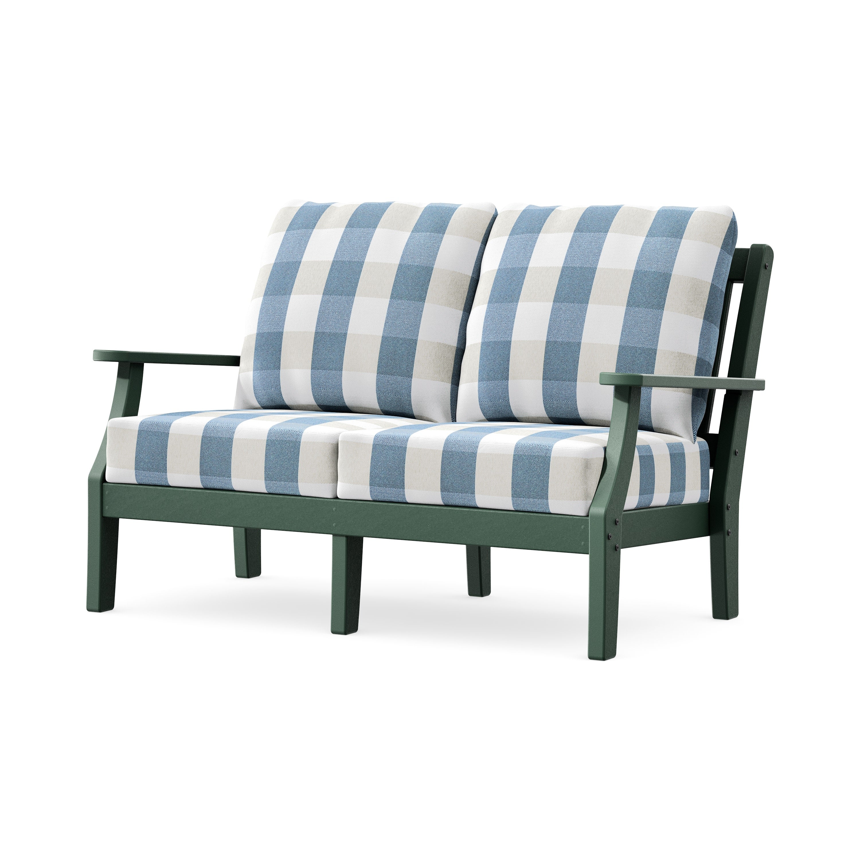 Chinoiserie Deep Seating Loveseat in Green / Buffalo Plaid Sky Blue