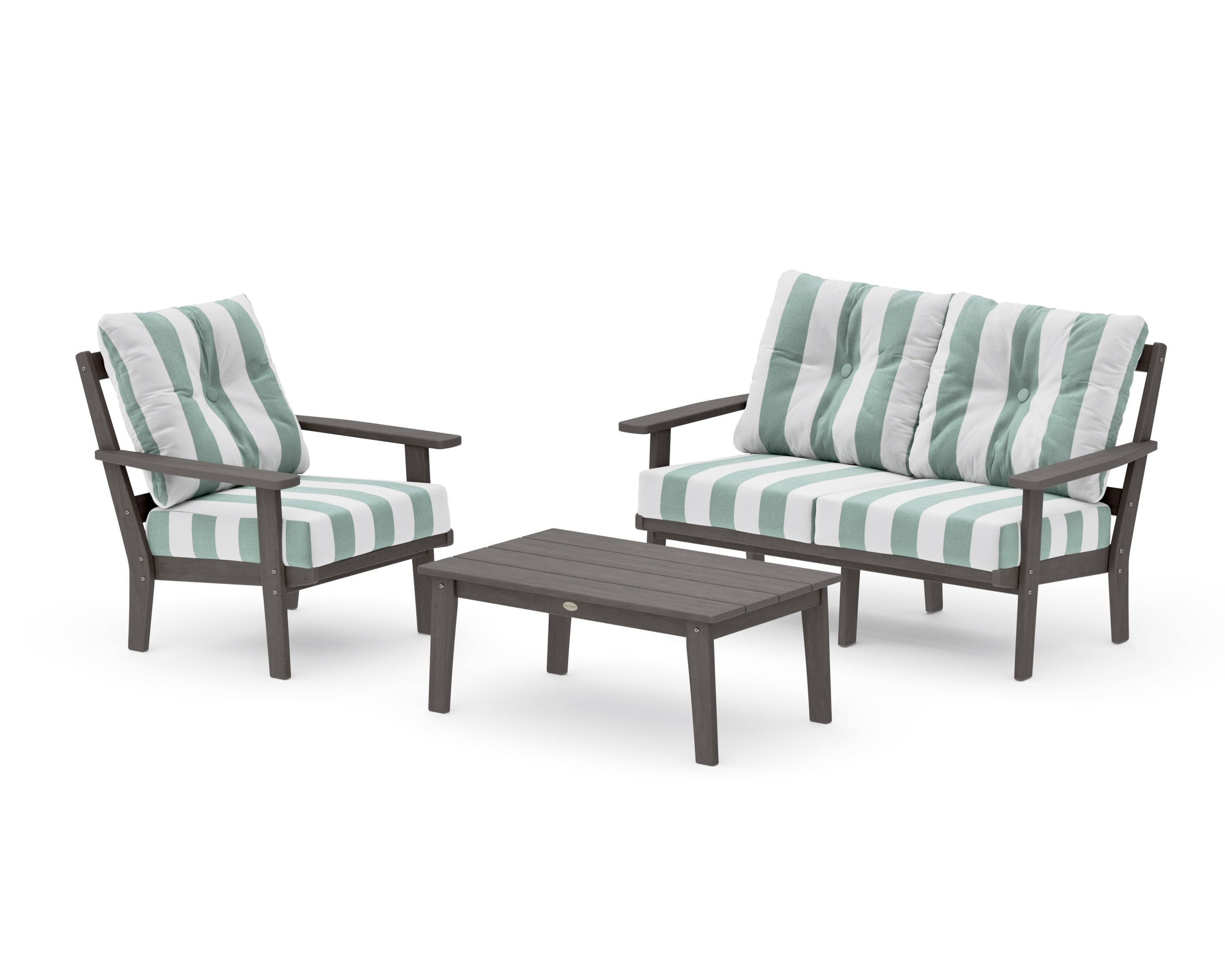 Oxford 3-Piece Deep Seating Set with Loveseat in Driftwood / Cabana Stripe Glacier Spa