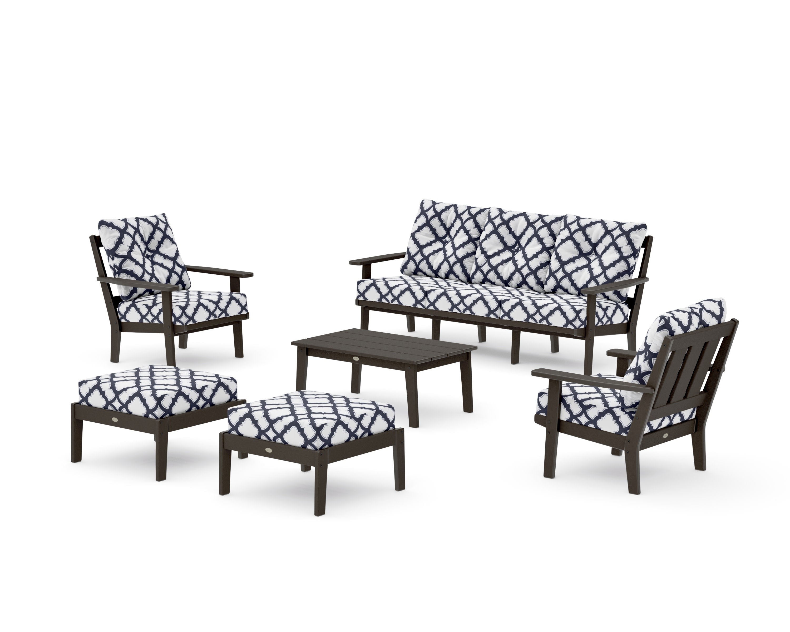 Oxford 6-Piece Lounge Sofa Set in Vintage Coffee / Trellis Navy