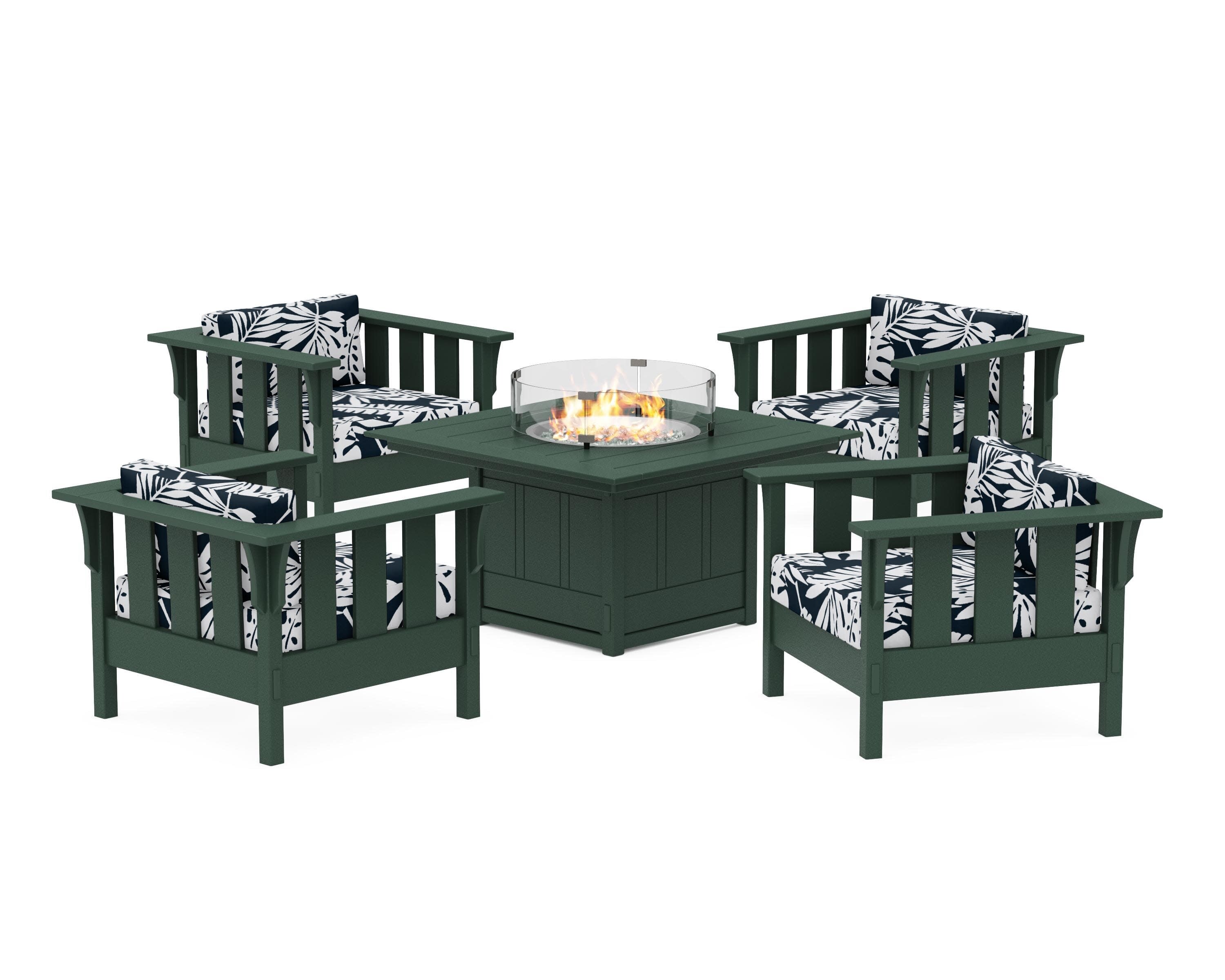 Acadia 5-Piece Deep Seating Set with Fire Pit Table in Green / Leaf Marine Indigo