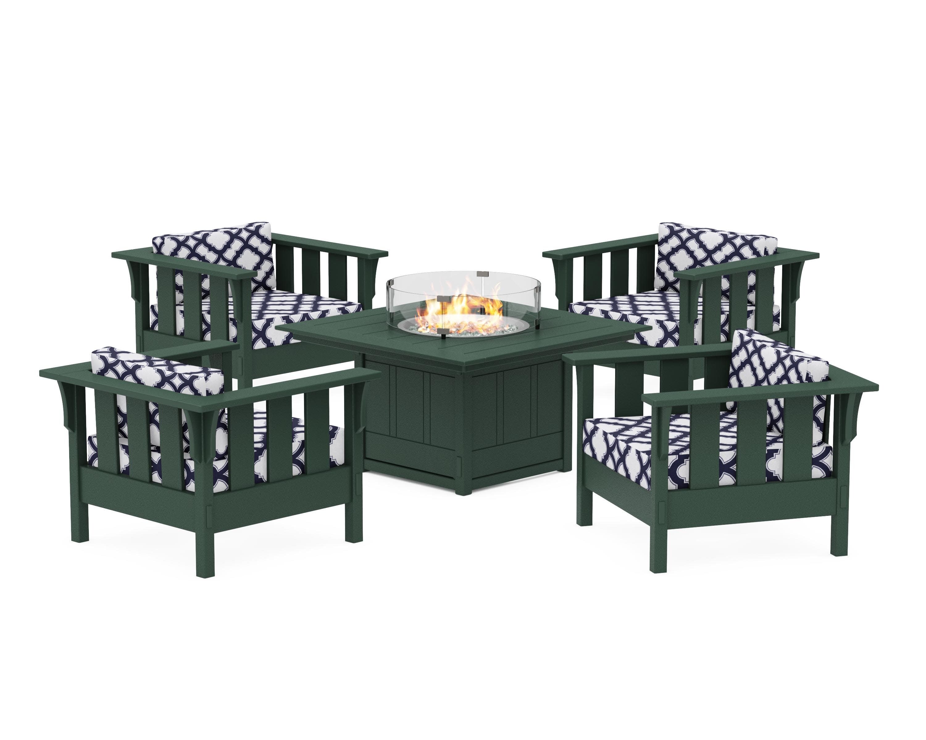 Acadia 5-Piece Deep Seating Set with Fire Pit Table in Green / Trellis Navy