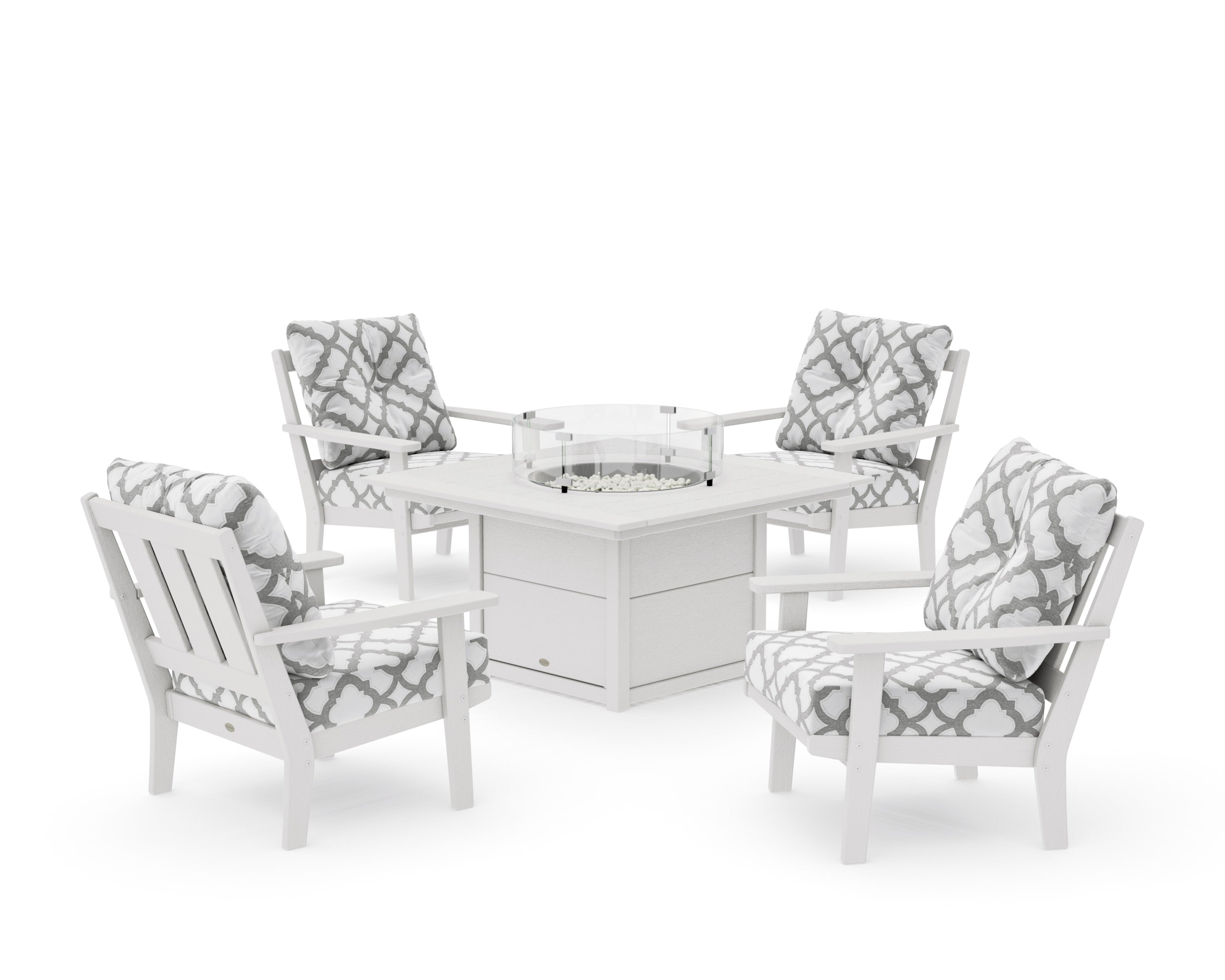 Oxford 5-Piece Deep Seating Set with Fire Pit Table in Vintage White / Trellis Grey Mist
