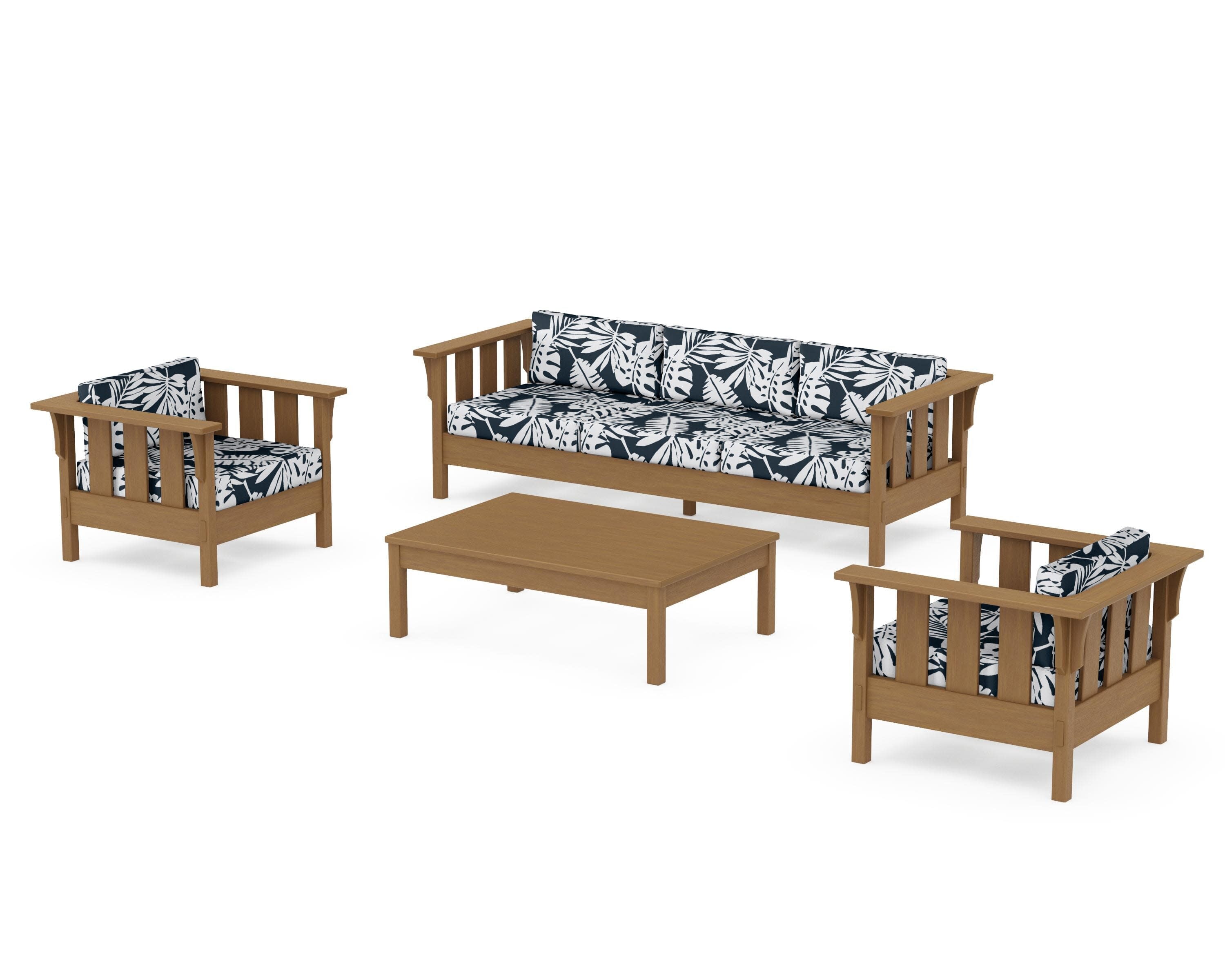 Acadia 4-Piece Deep Seating Set with Sofa in Natural / Leaf Marine Indigo