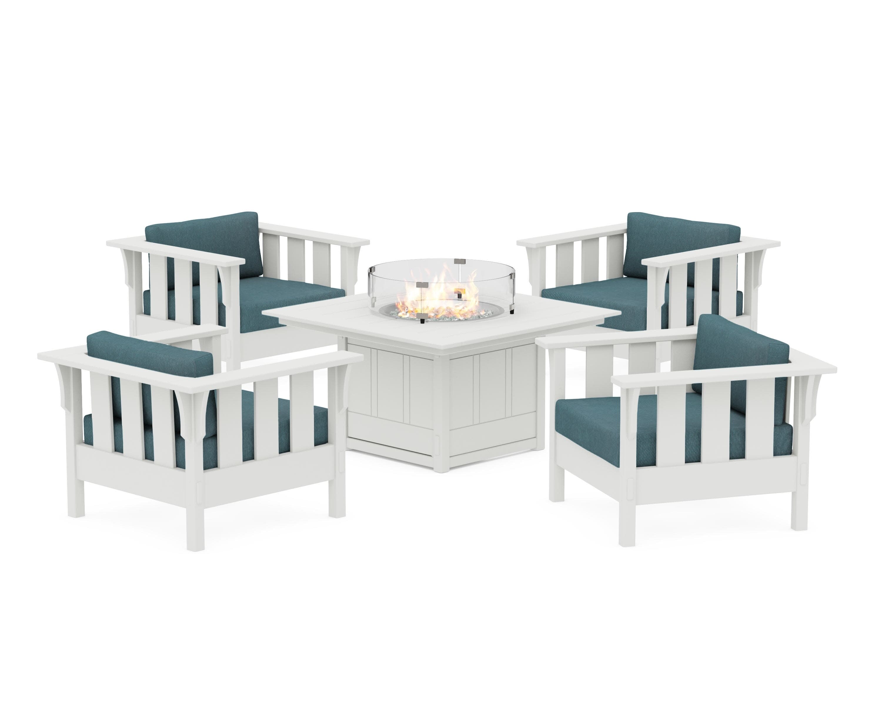 Acadia 5-Piece Deep Seating Set with Fire Pit Table in Vintage White / Ocean Teal