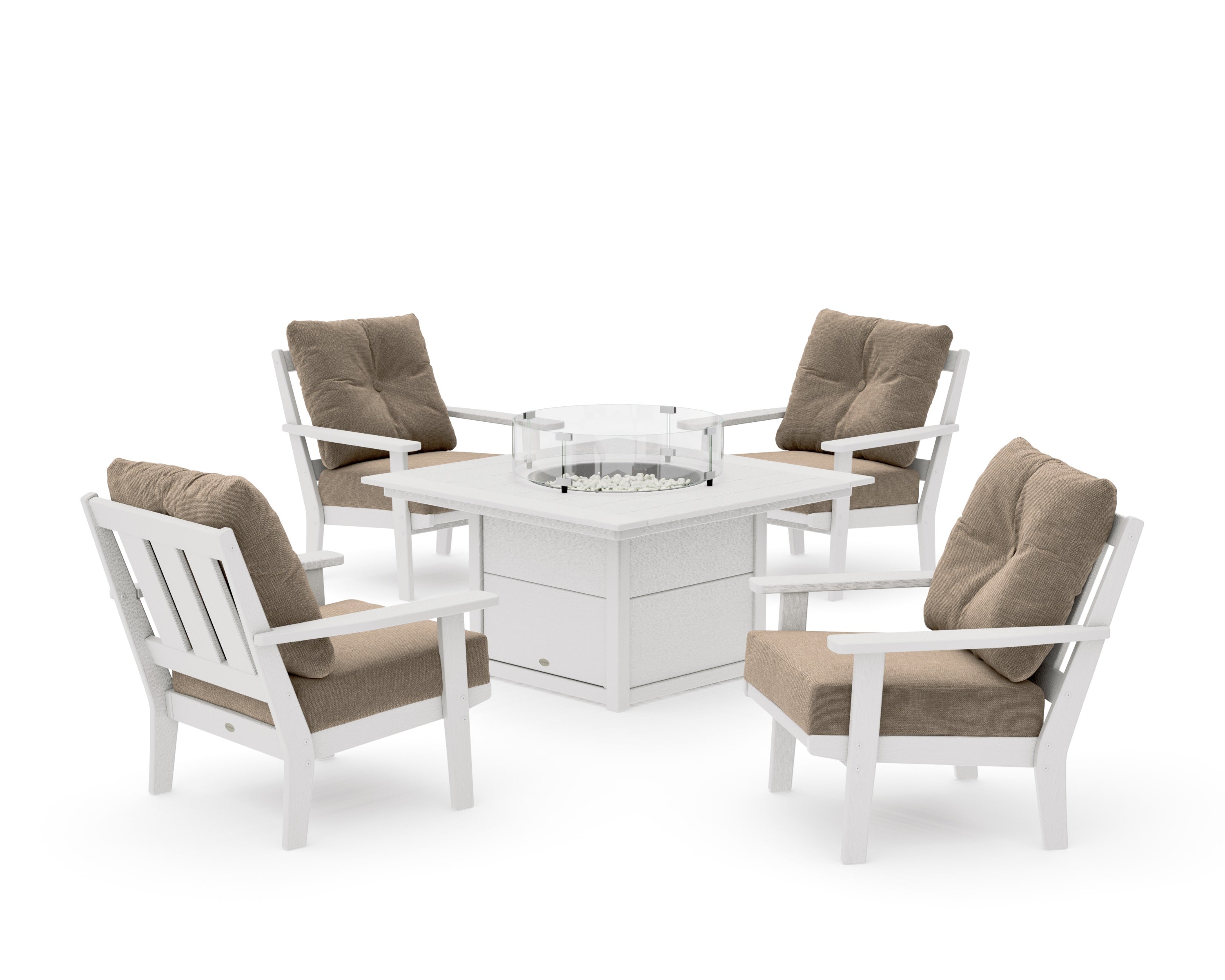 Oxford 5-Piece Deep Seating Set with Fire Pit Table in Vintage White / Spiced Burlap