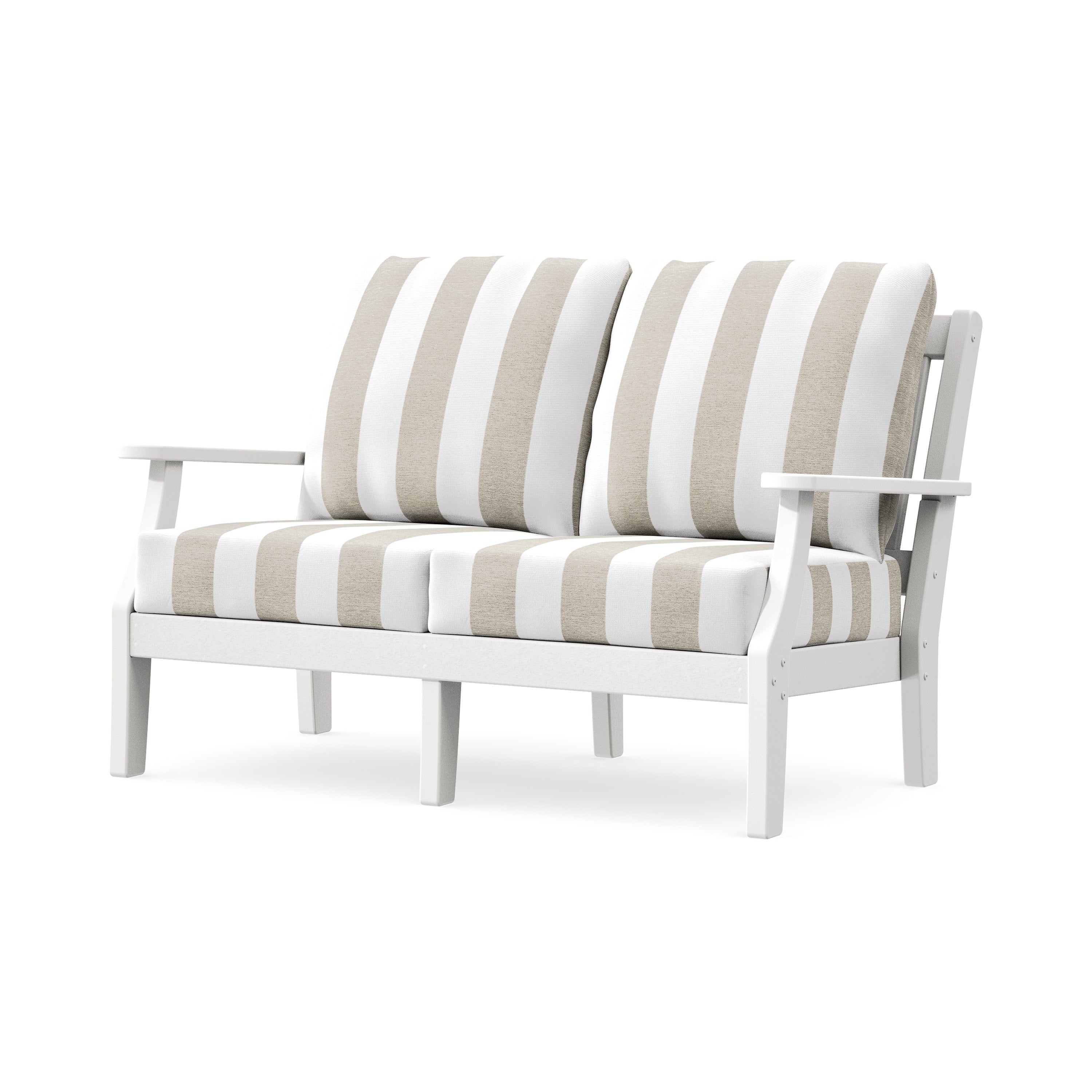 Chinoiserie Deep Seating Loveseat in White / Cabana Stripe Dune Burlap