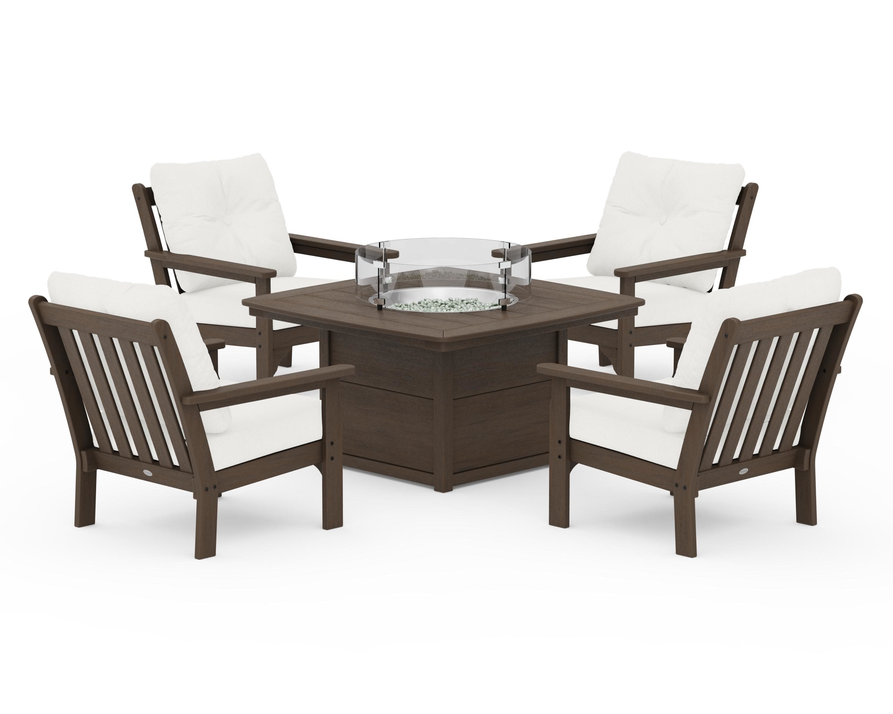 Vineyard 5-Piece Conversation Set with Fire Pit Table in Kona / Natural Linen